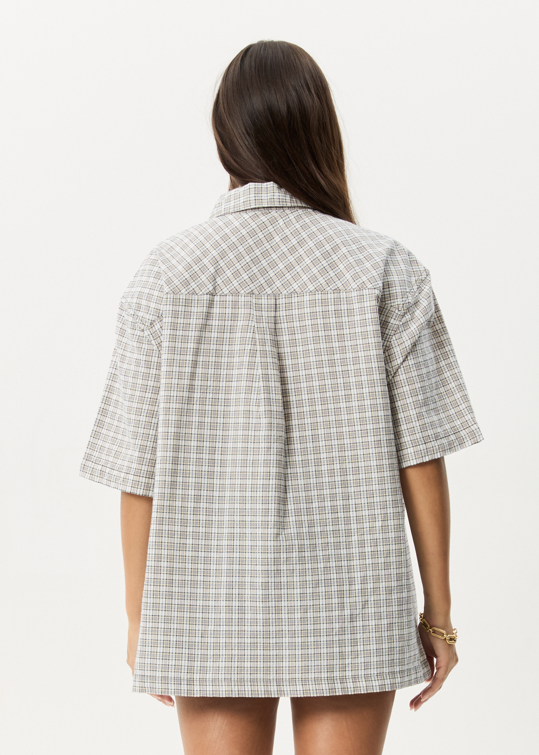 AFENDS Mens Drew - Seersucker Short Sleeve Shirt - Taupe Check