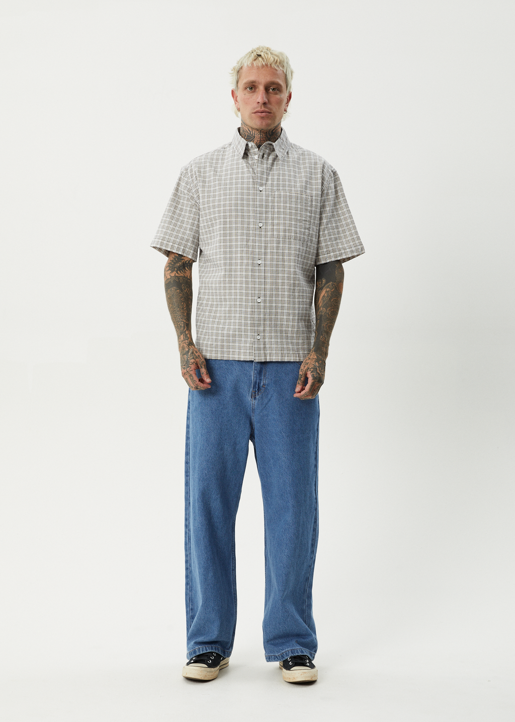 AFENDS Mens Drew - Seersucker Short Sleeve Shirt - Taupe Check
