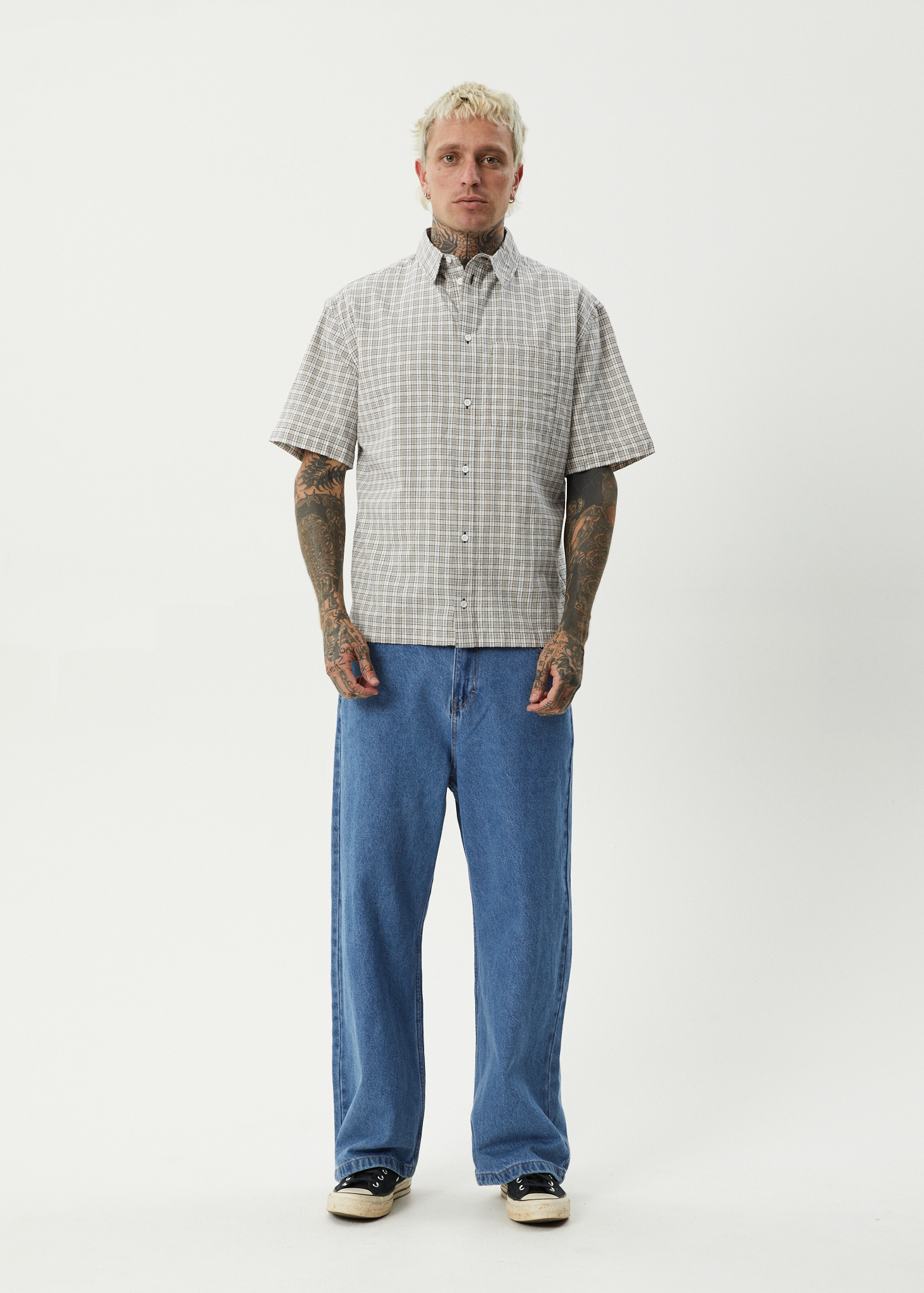 AFENDS Mens Drew - Seersucker Short Sleeve Shirt - Taupe Check