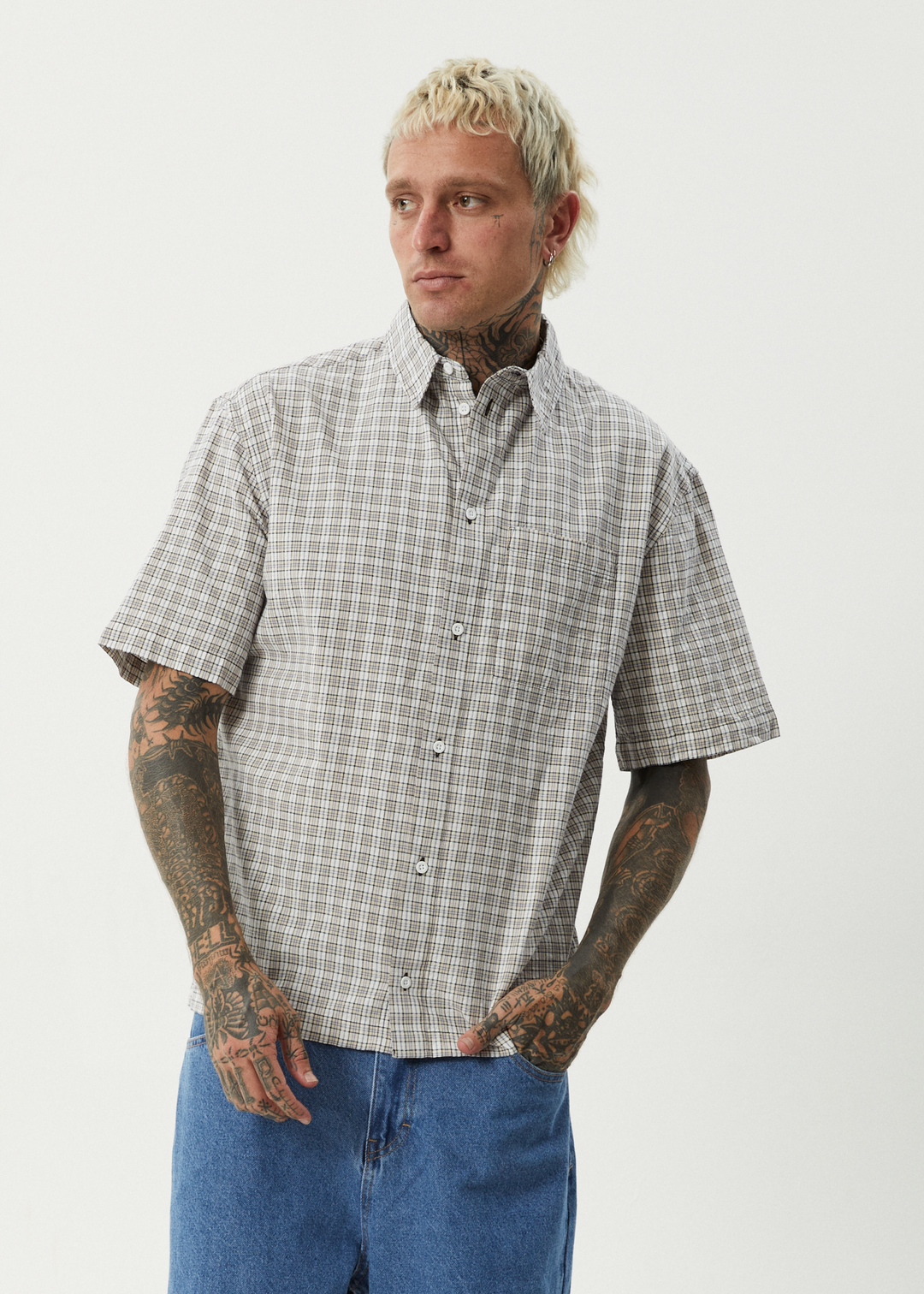 AFENDS Mens Drew - Seersucker Short Sleeve Shirt - Taupe Check