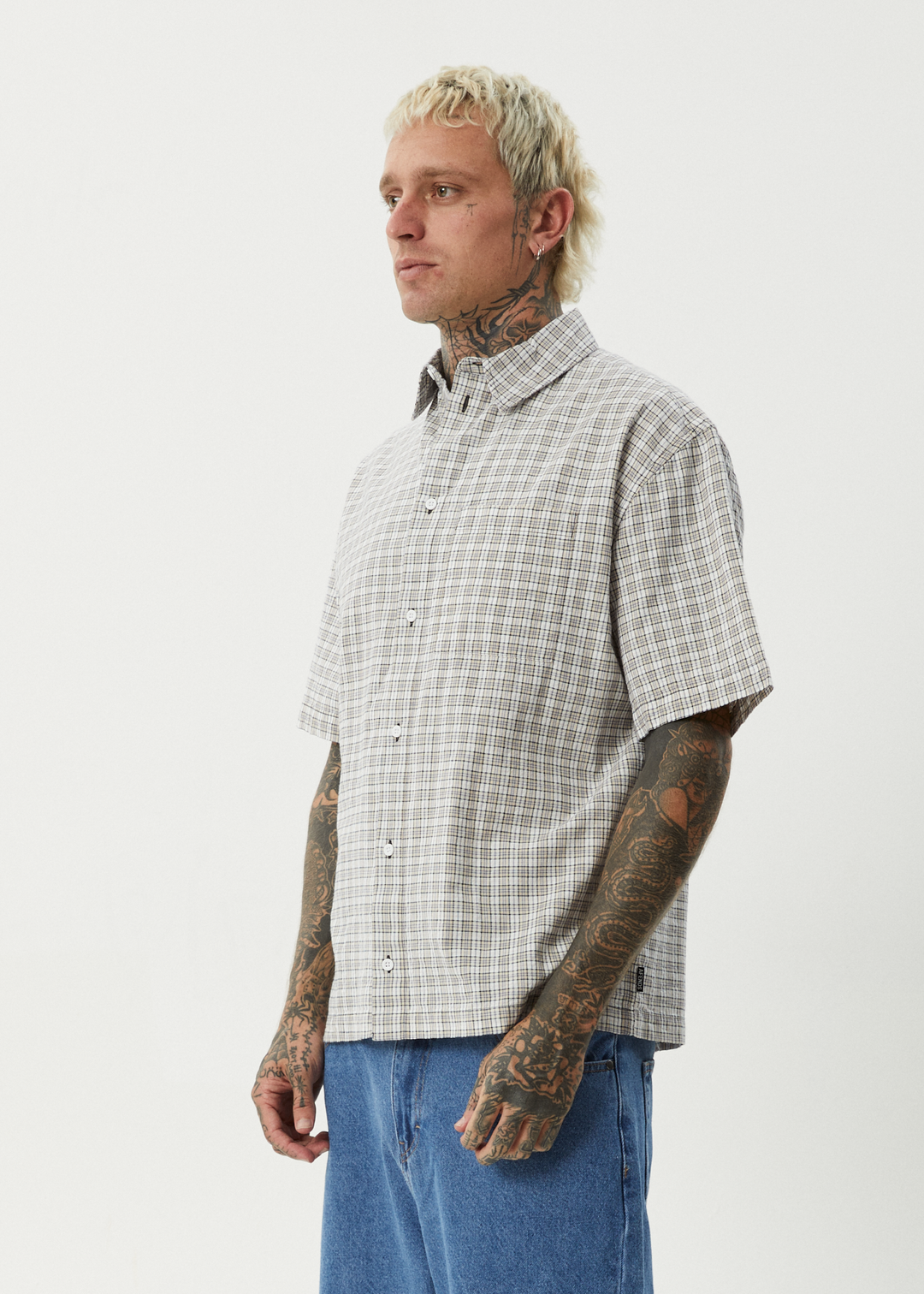 AFENDS Mens Drew - Seersucker Short Sleeve Shirt - Taupe Check