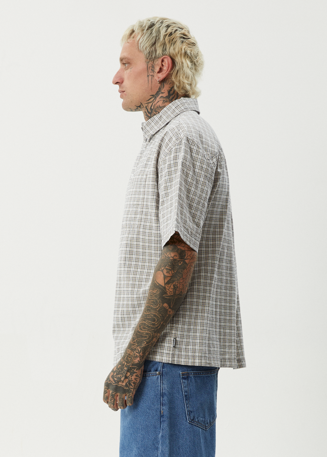 AFENDS Mens Drew - Seersucker Short Sleeve Shirt - Taupe Check