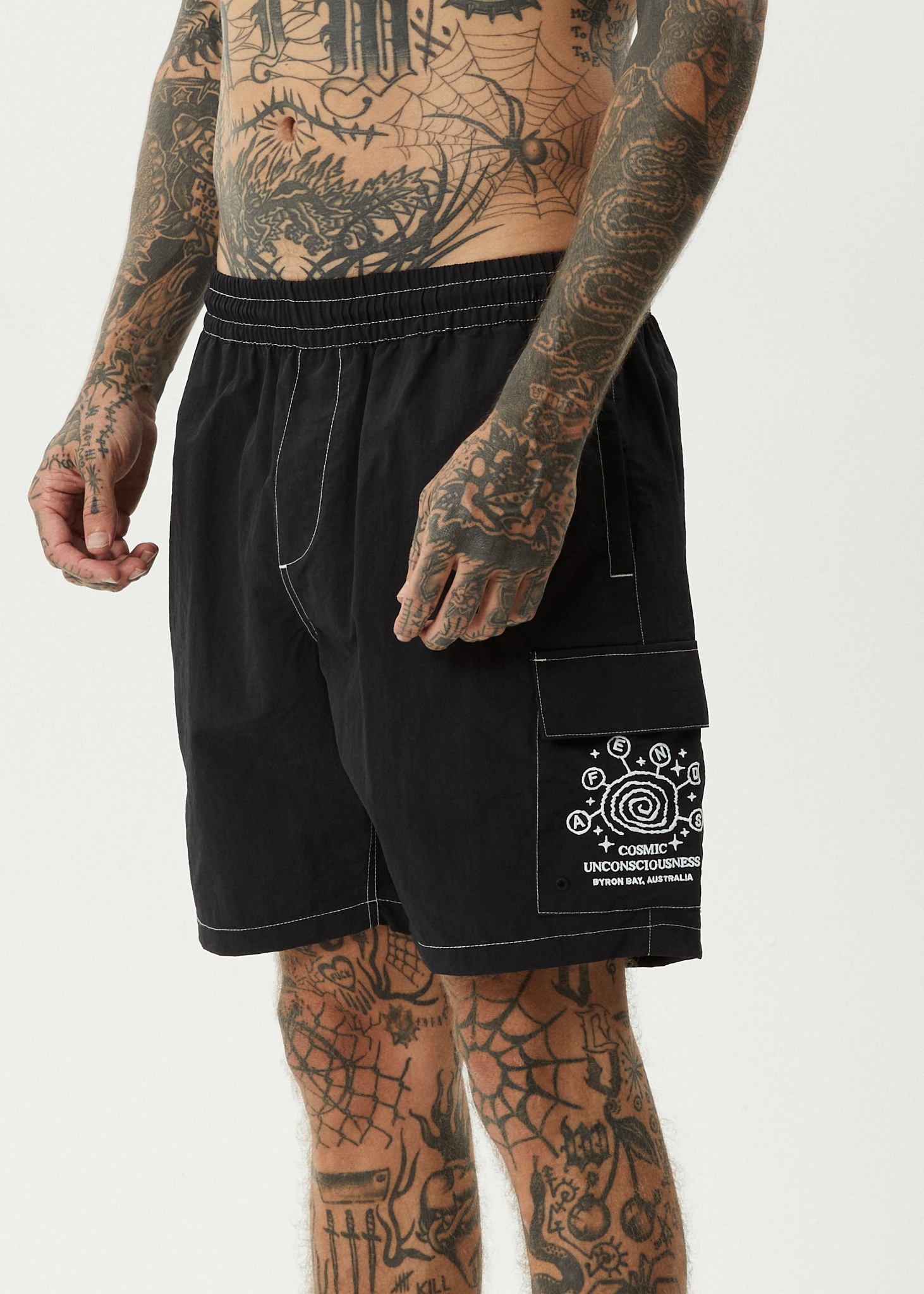 AFENDS Mens Cosmic - Cargo Baywatch Swim Short 18" - Black