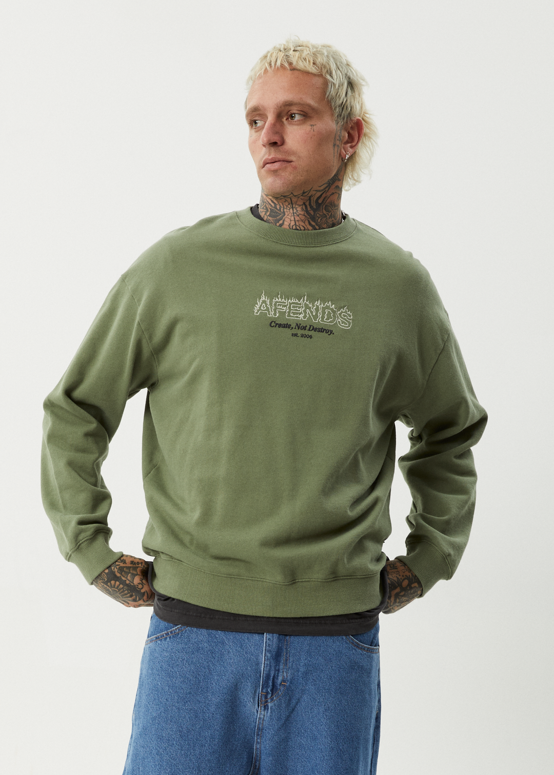 AFENDS Mens Ember - Crew Neck - Oil Green