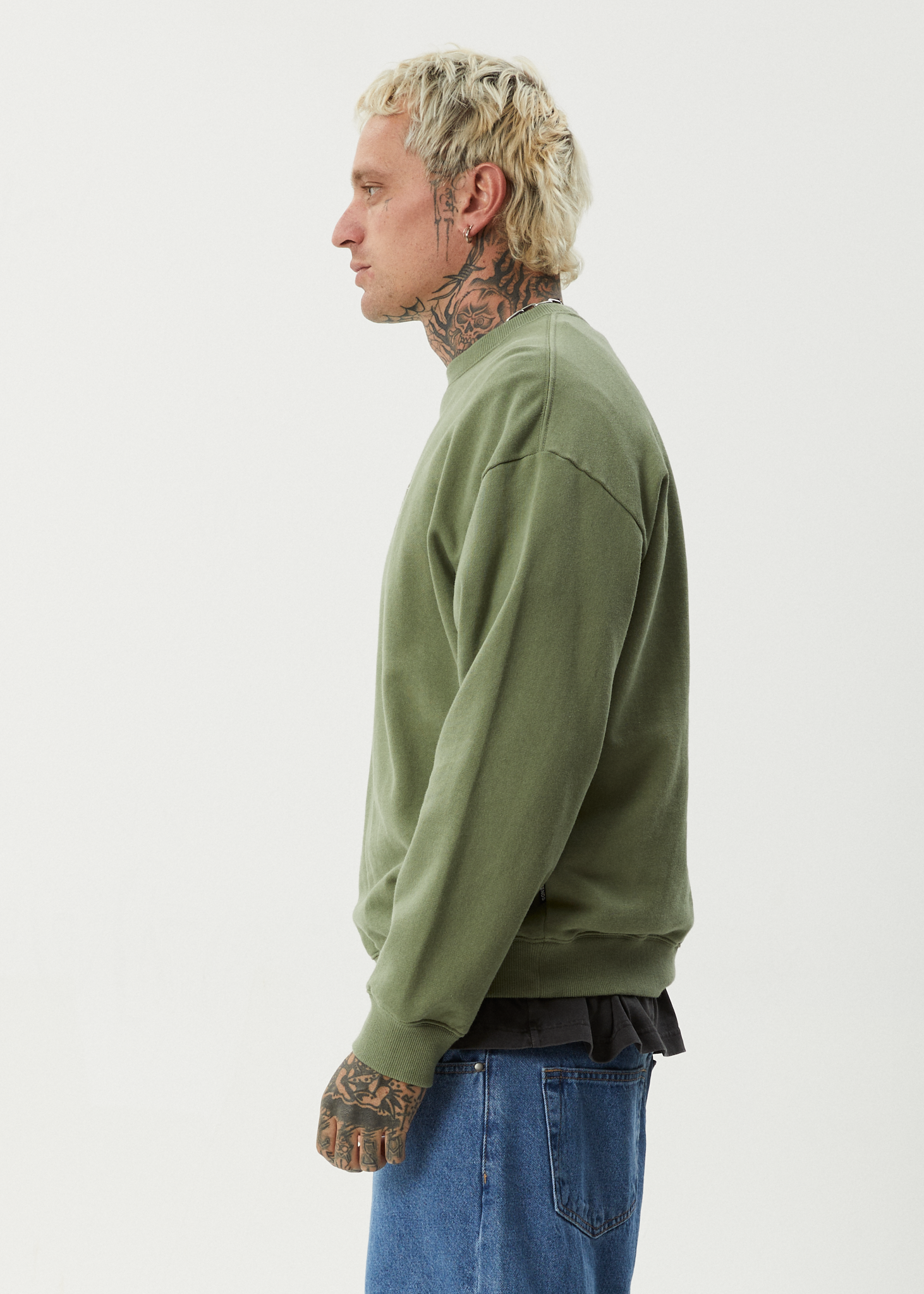 AFENDS Mens Ember - Crew Neck Jumper - Oil Green