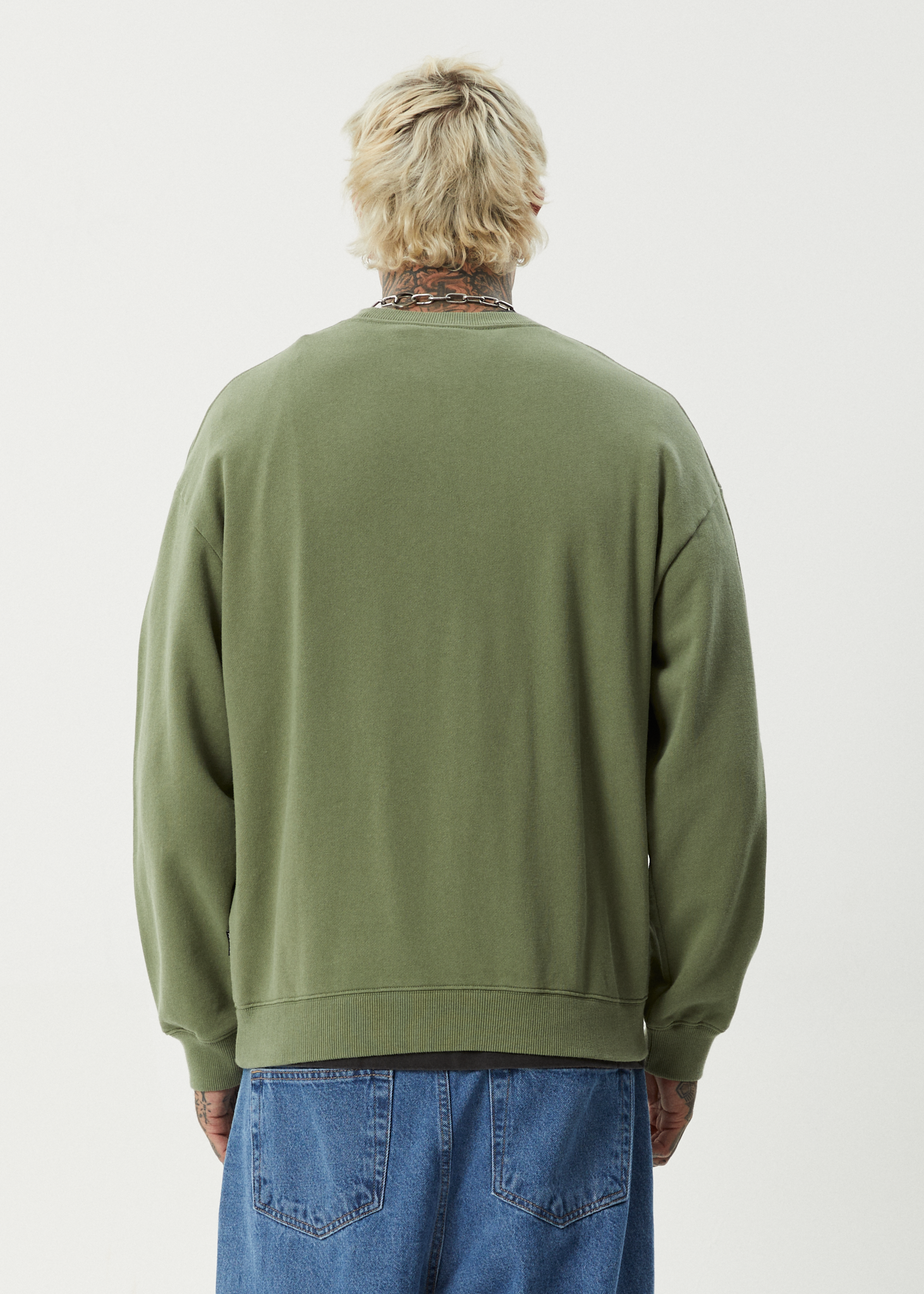 AFENDS Mens Ember - Crew Neck Jumper - Oil Green