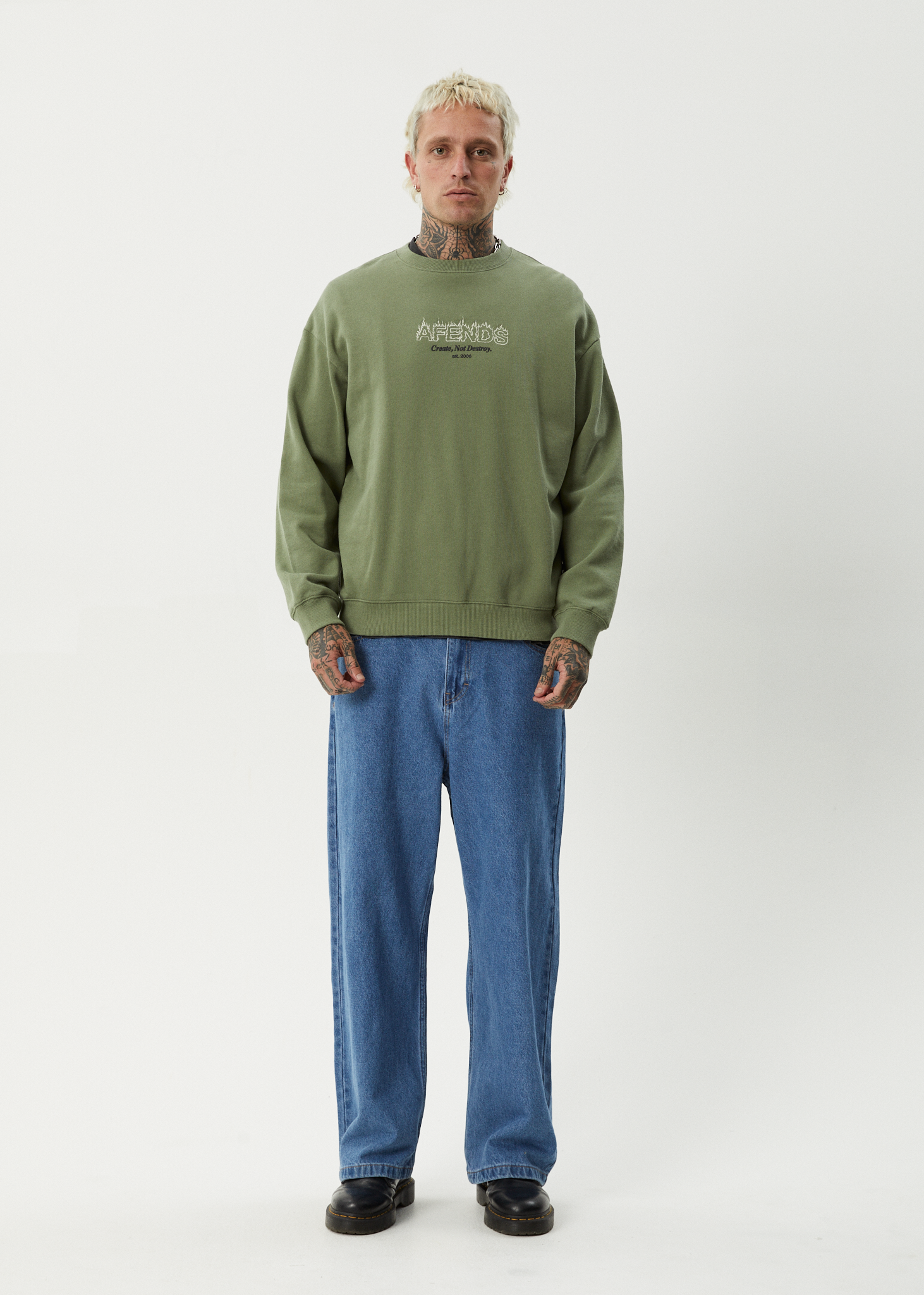 AFENDS Mens Ember - Crew Neck Jumper - Oil Green