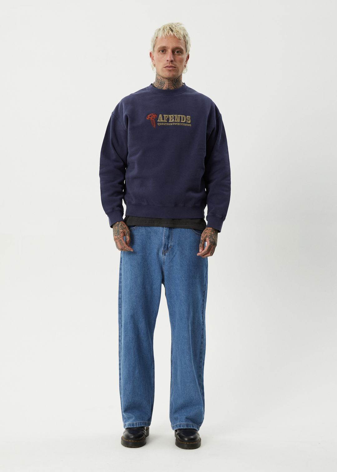 AFENDS Mens Nuts N Bolts - Crew Neck - Washed Deep Sea