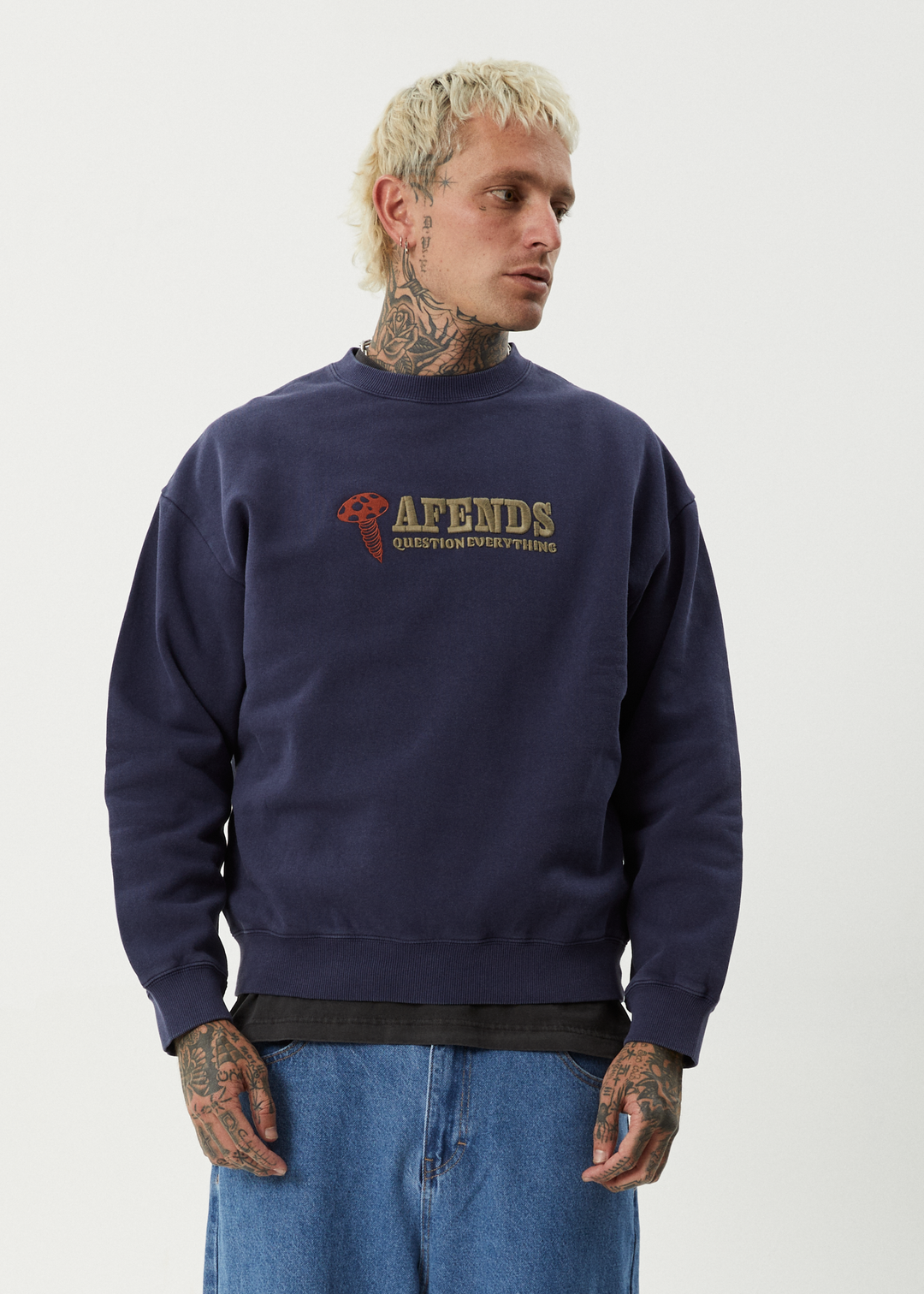 AFENDS Mens Nuts N Bolts - Crew Neck - Washed Deep Sea