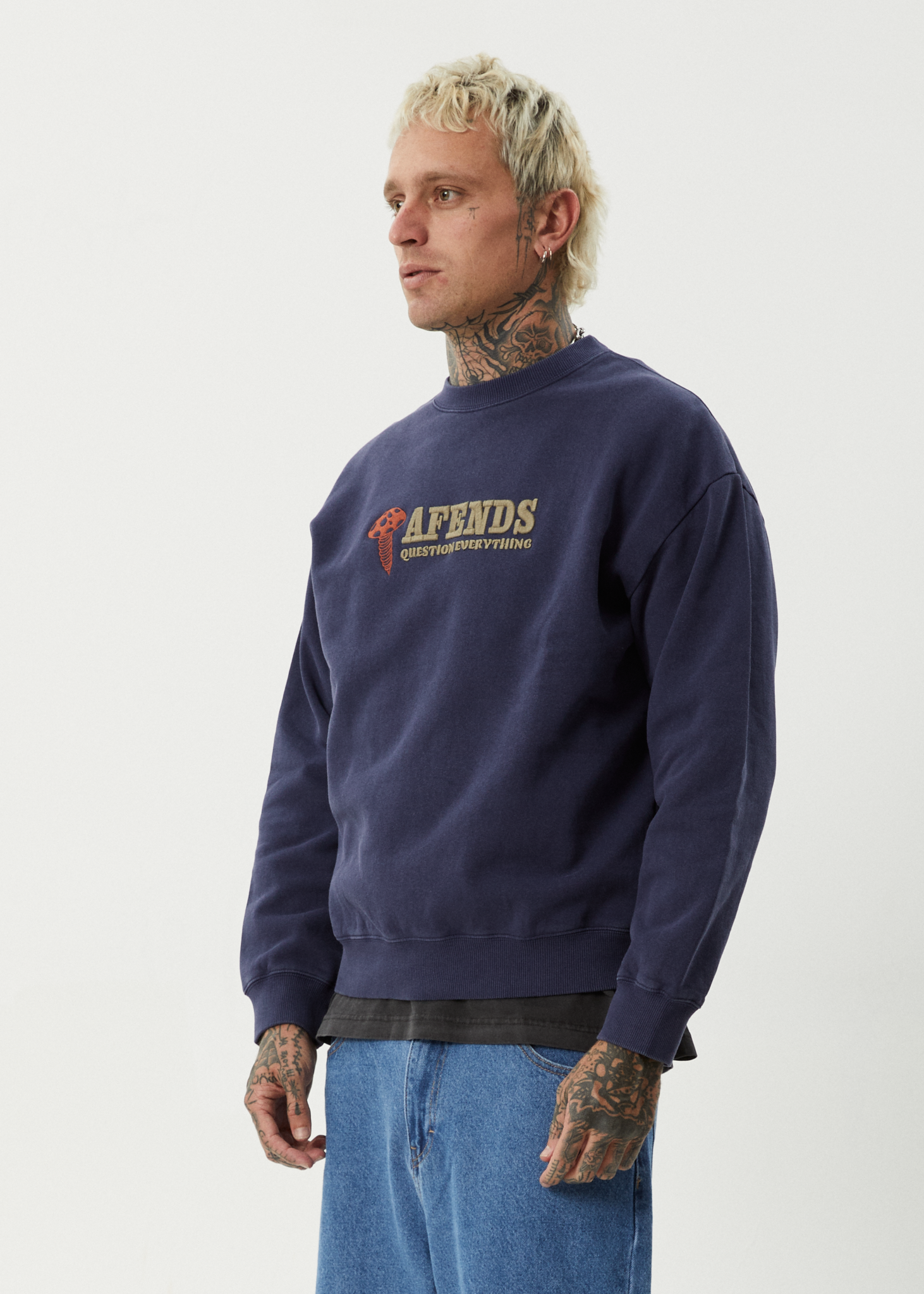 AFENDS Mens Nuts N Bolts - Crew Neck Jumper - Washed Deep Sea