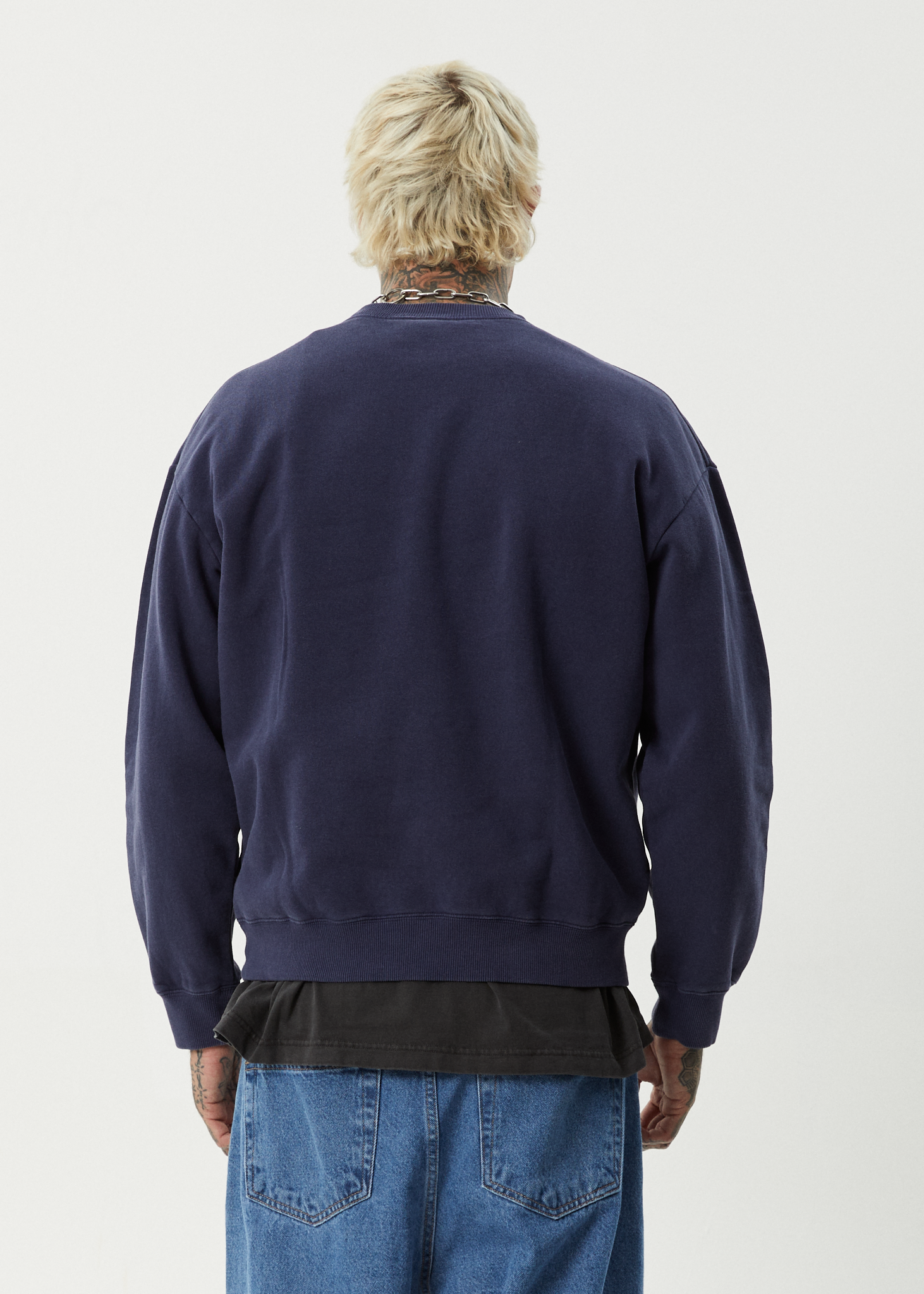 AFENDS Mens Nuts N Bolts - Crew Neck Jumper - Washed Deep Sea