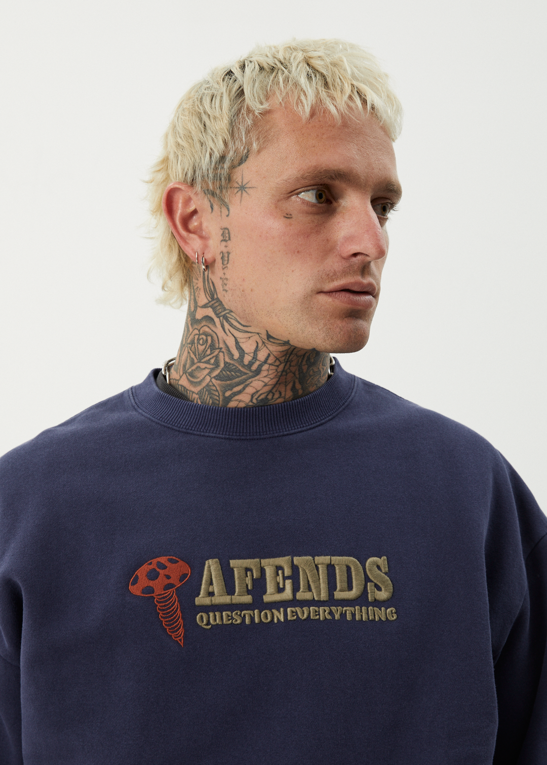 AFENDS Mens Nuts N Bolts - Crew Neck - Washed Deep Sea