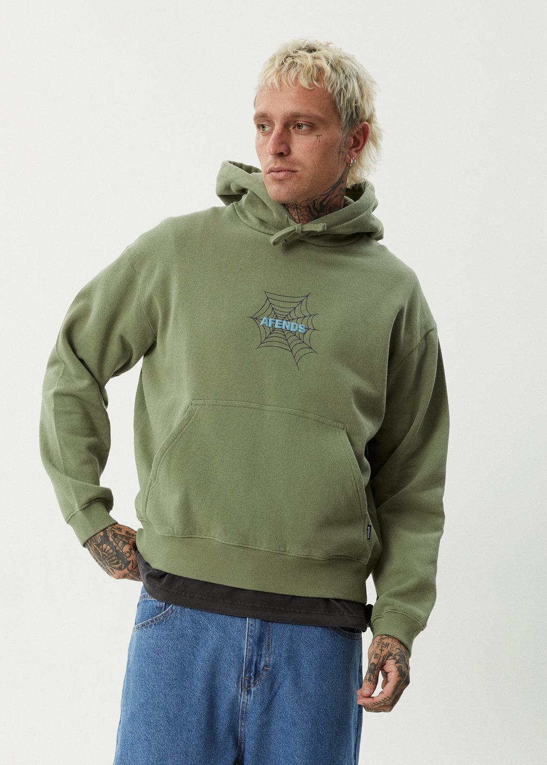 AFENDS Mens Webhead - Pull On Hood - Oil Green