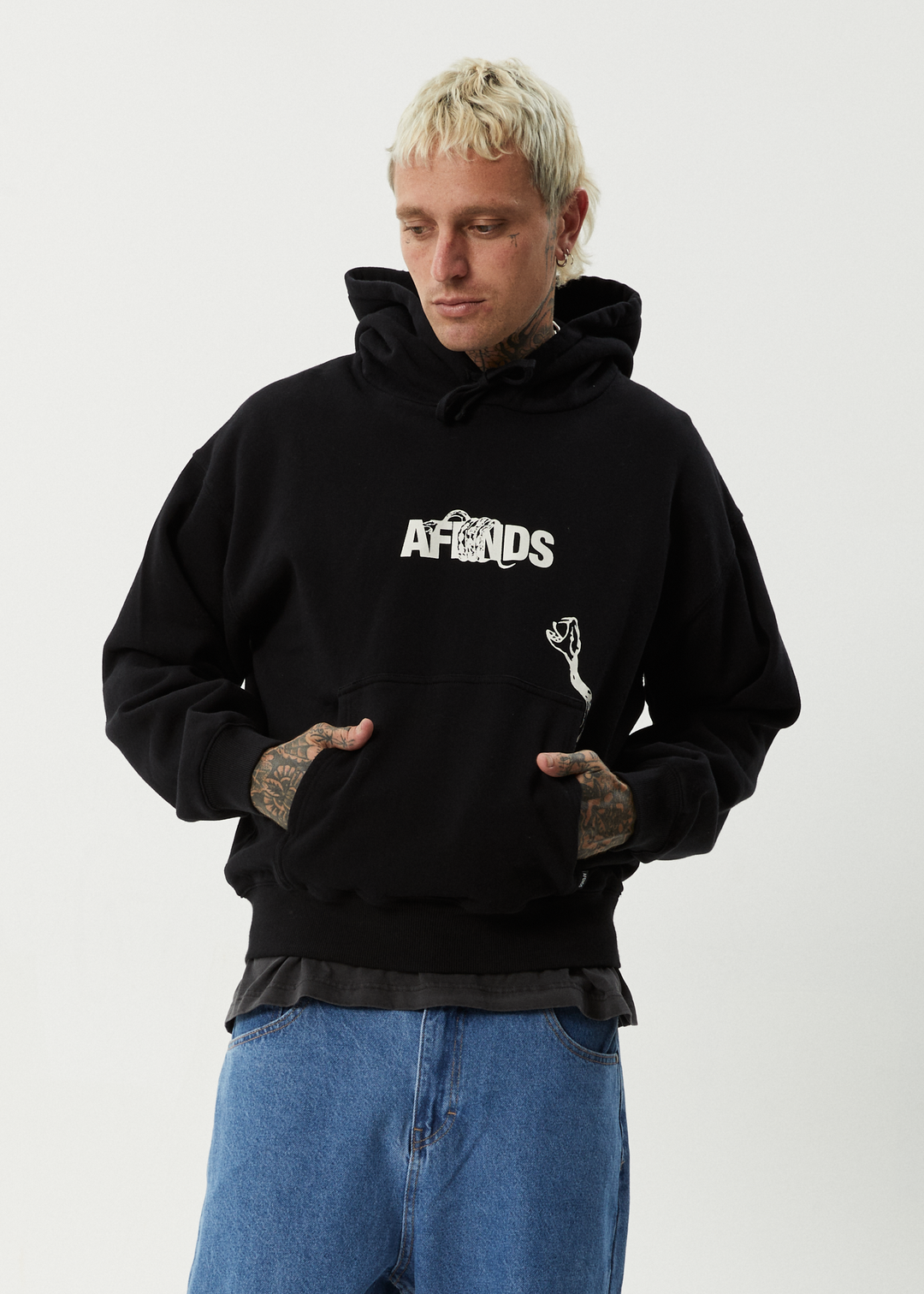 AFENDS Mens Tread - Boxy Pull On Hood - Black