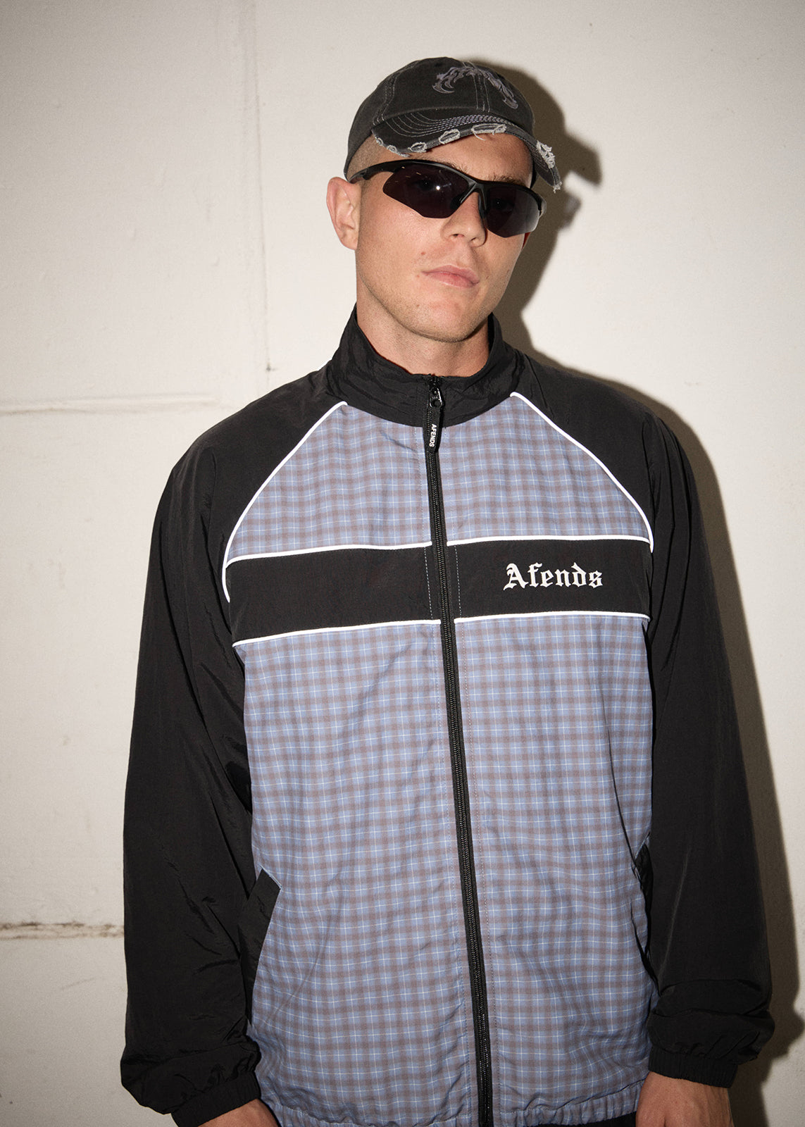 AFENDS Mens Spicy - Sports Spray Jacket - Slate Blue Check