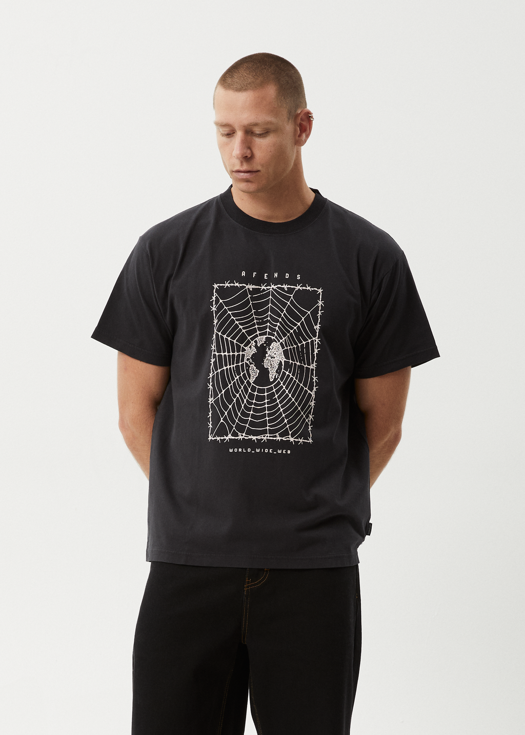 AFENDS Mens World Wide - Boxy Tee - Stone Black