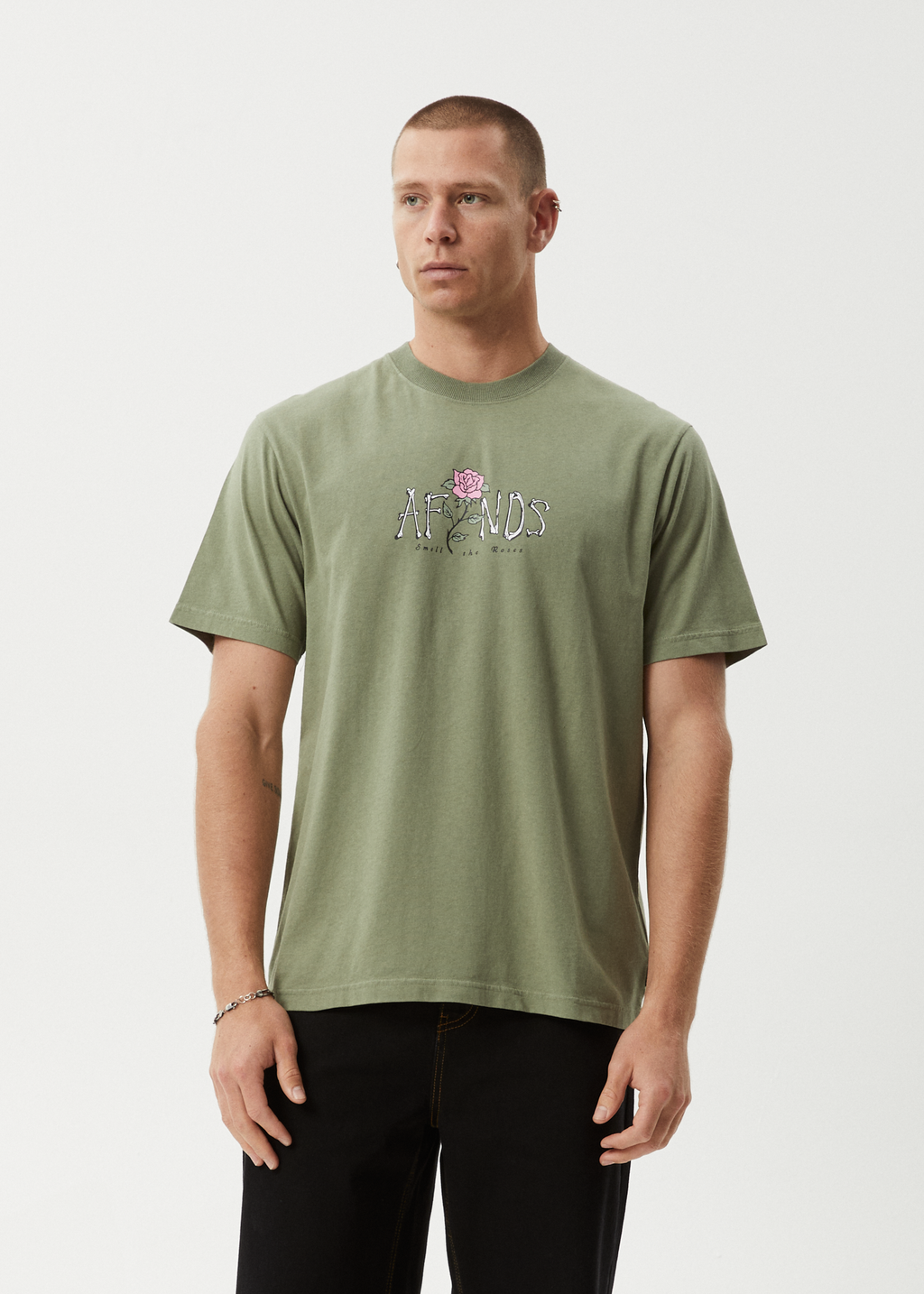 AFENDS Mens Smell The Roses - Retro Tee - Oil Green