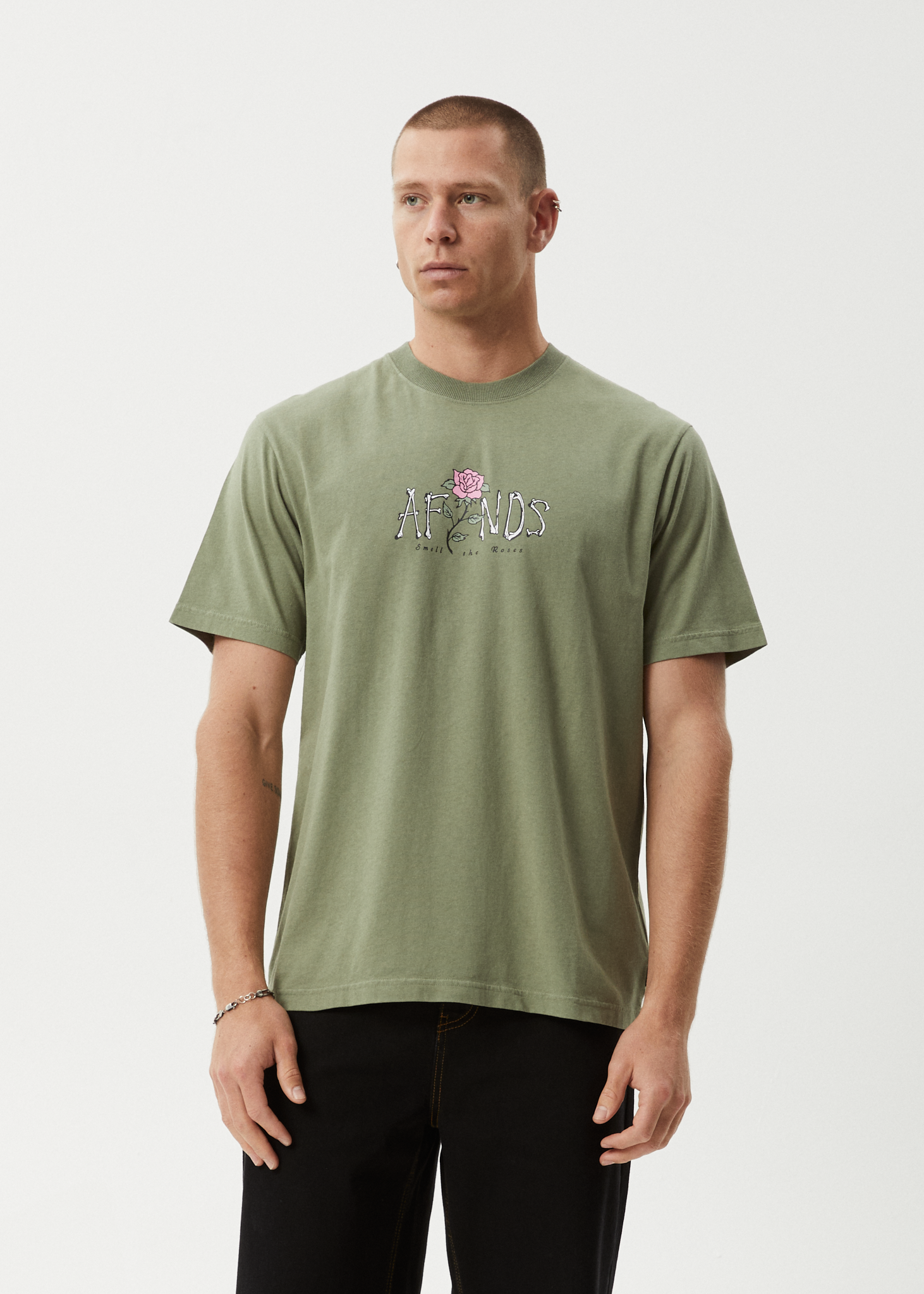 AFENDS Mens Smell The Roses - Retro Tee - Oil Green