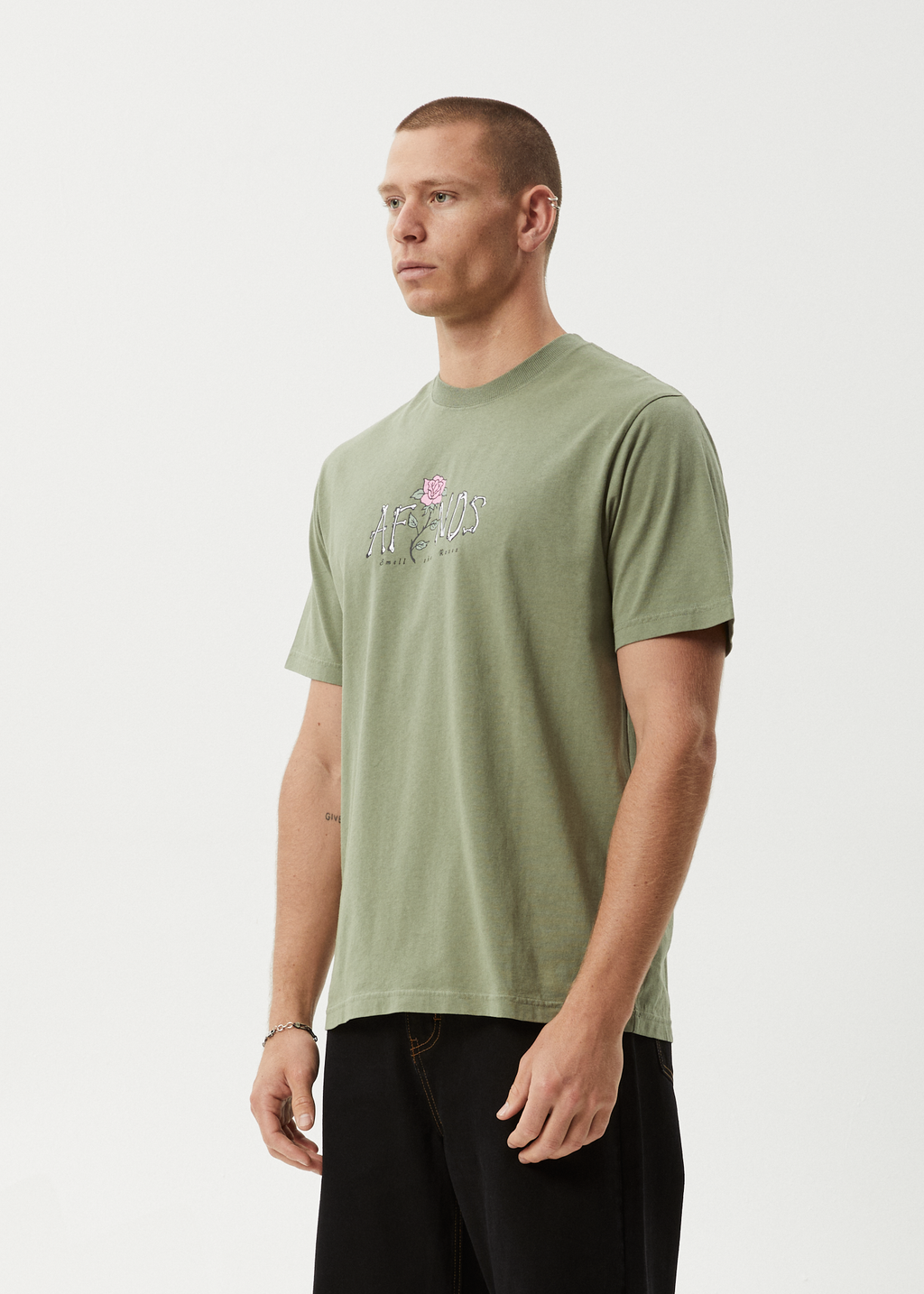 AFENDS Mens Smell The Roses - Retro Tee - Oil Green