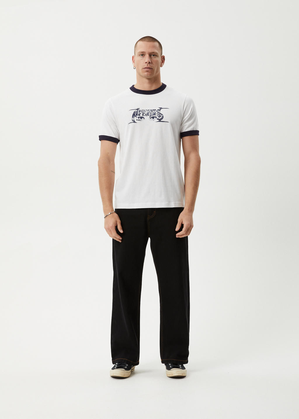AFENDS Mens All Eyez - Ringer Tee - White / Deep Sea