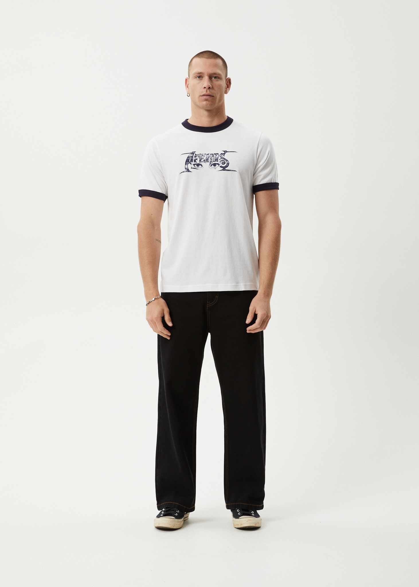 AFENDS Mens All Eyez - Ringer Tee - White / Deep Sea