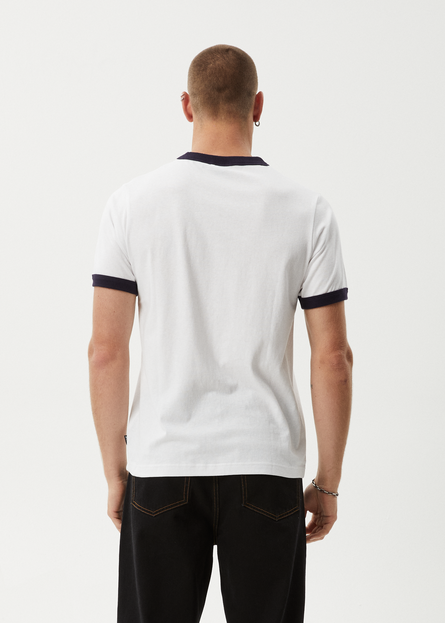 AFENDS Mens All Eyez - Ringer Tee - White / Deep Sea