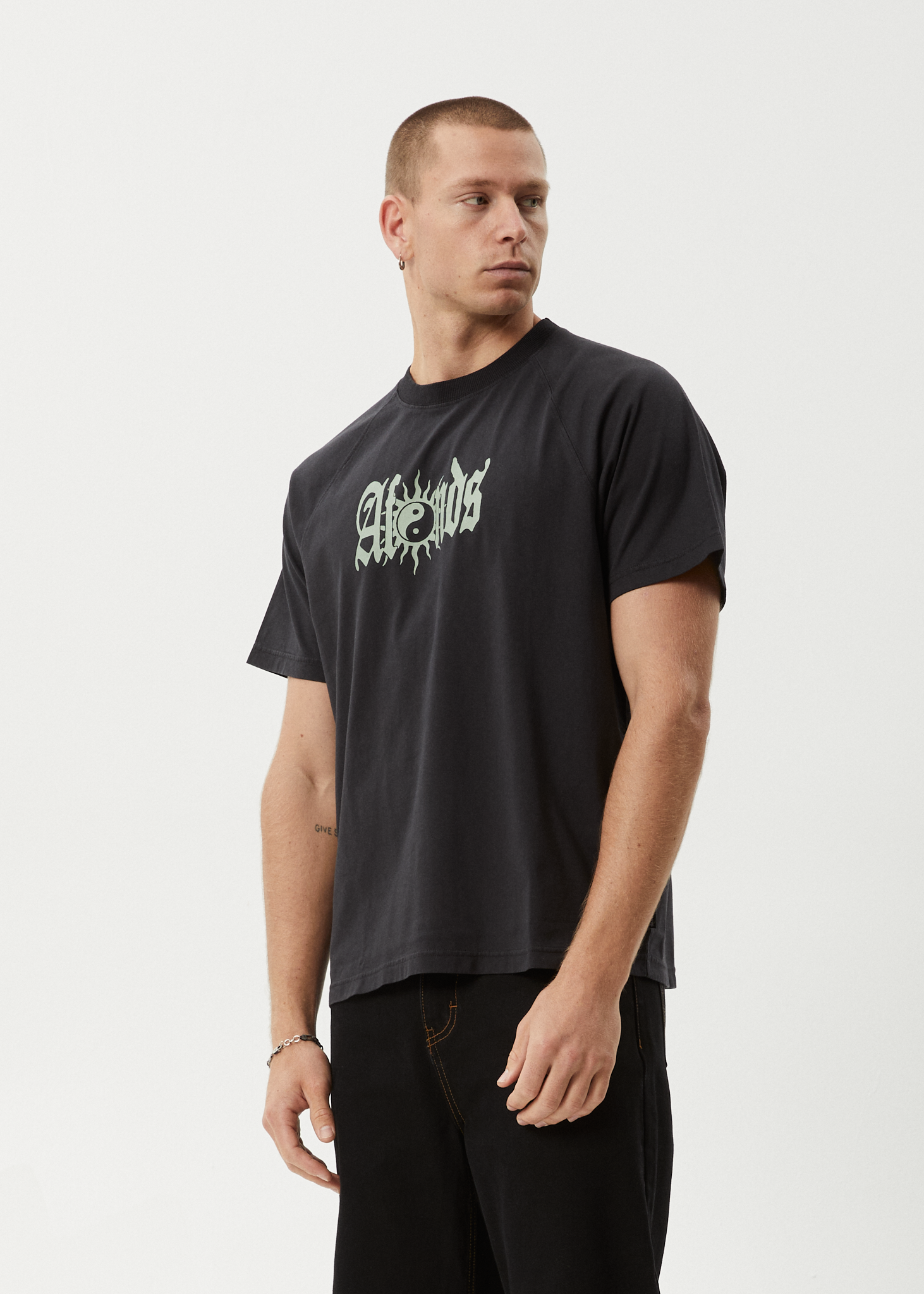 AFENDS Mens Sun Bite - Raglan Boxy Tee - Stone Black
