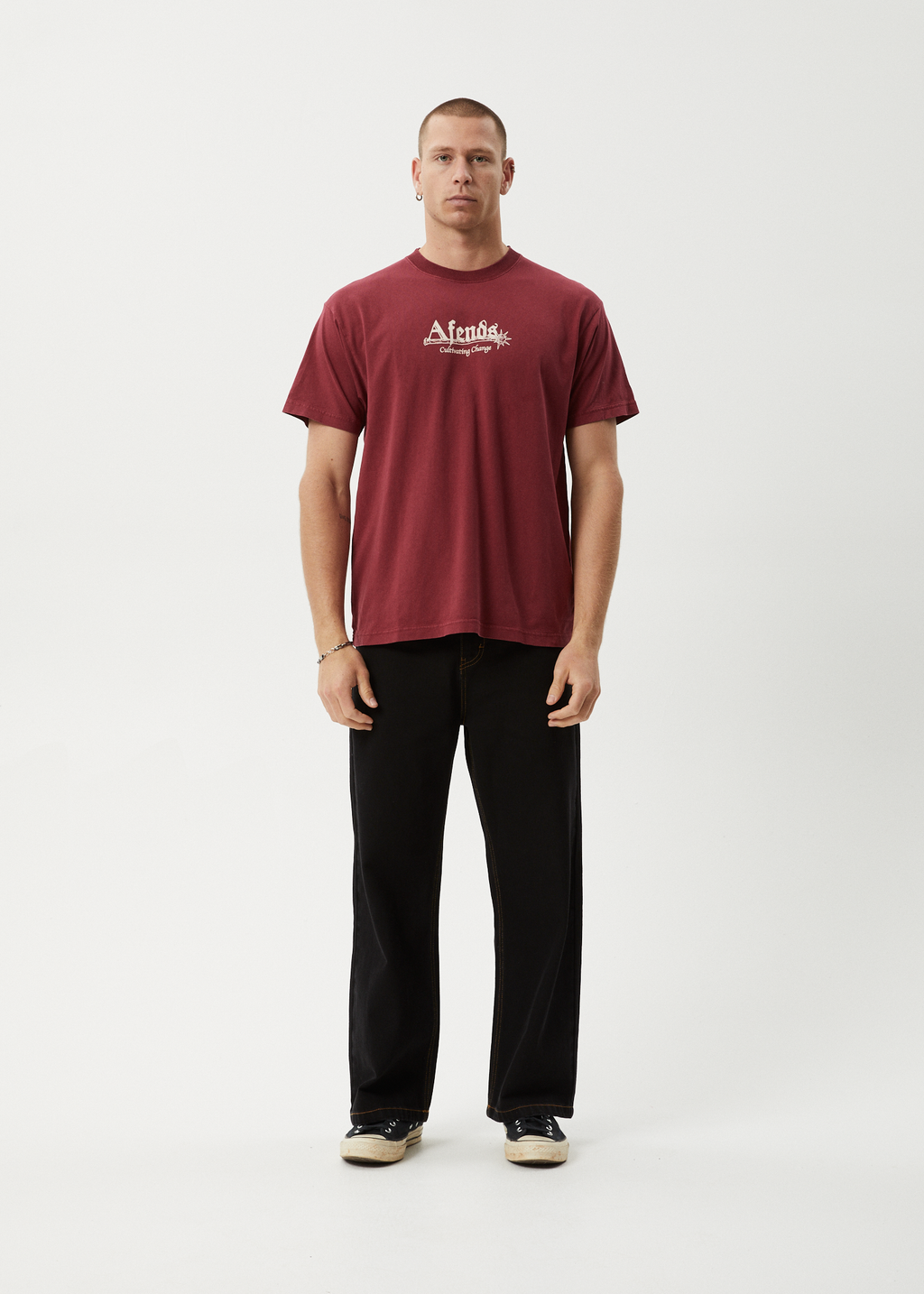 AFENDS Mens Mace Life - Boxy Tee - Washed Burgundy