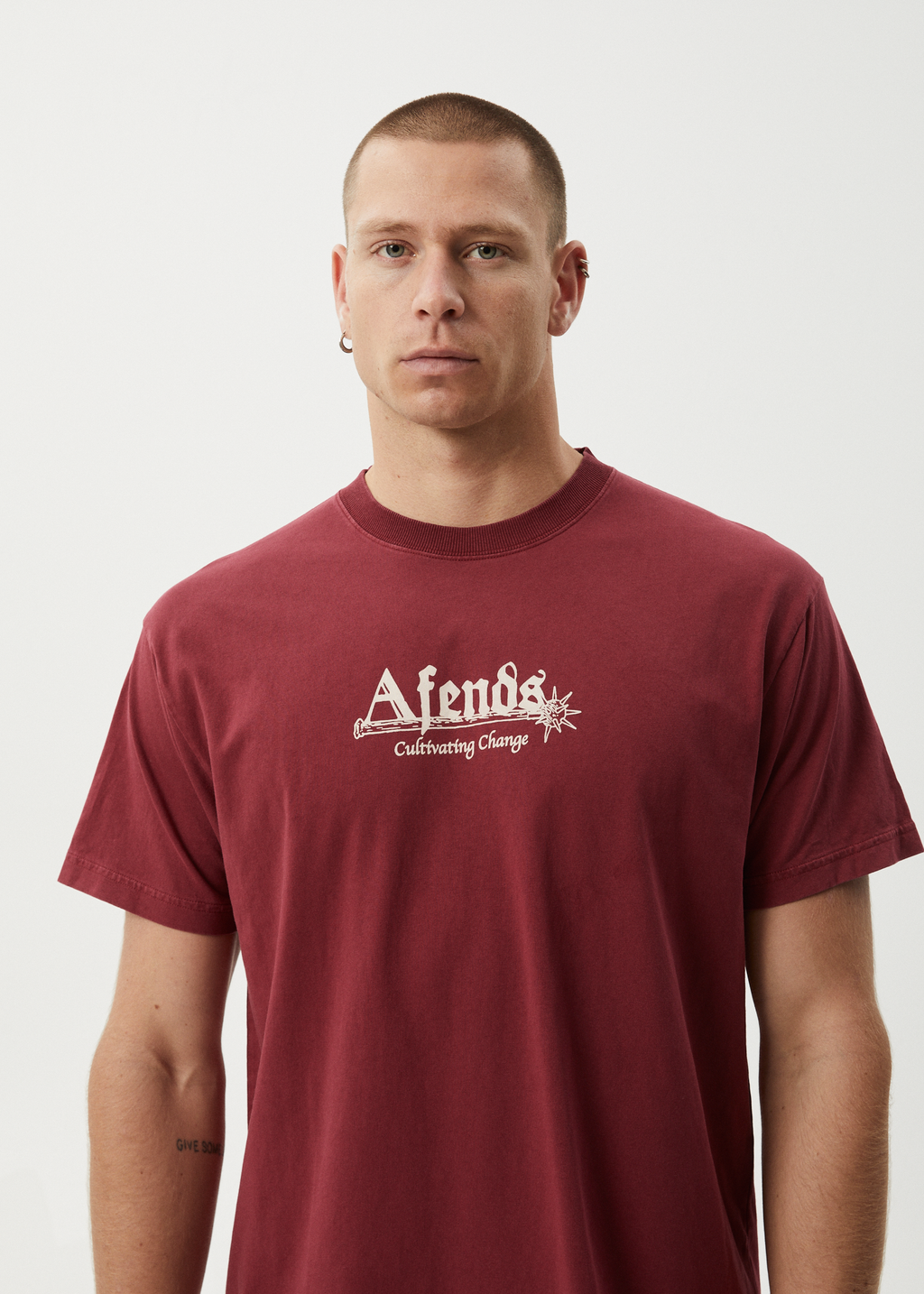 AFENDS Mens Mace Life - Boxy Tee - Washed Burgundy