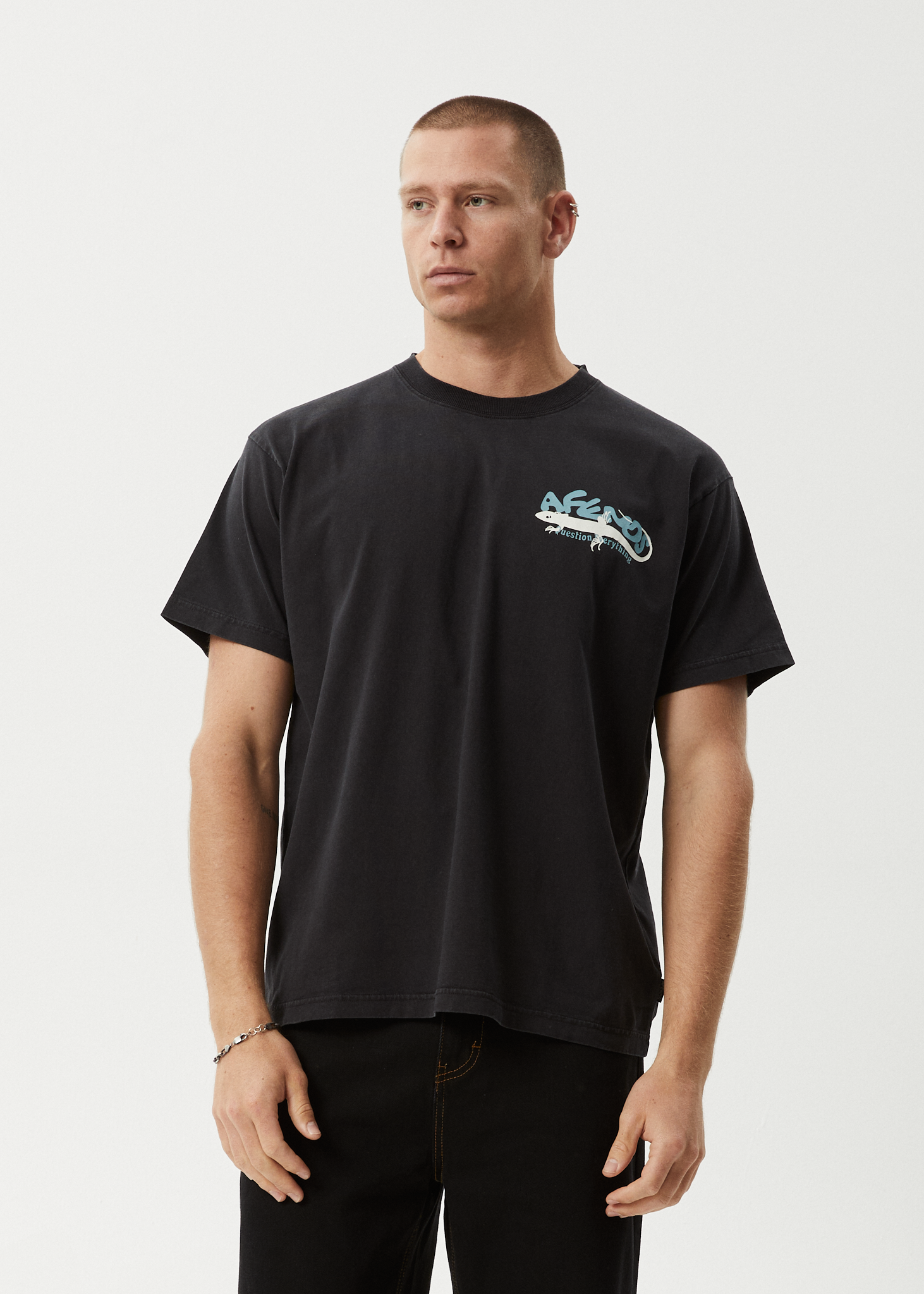 AFENDS Mens Reptilian - Heavyweight Boxy Tee - Stone Black