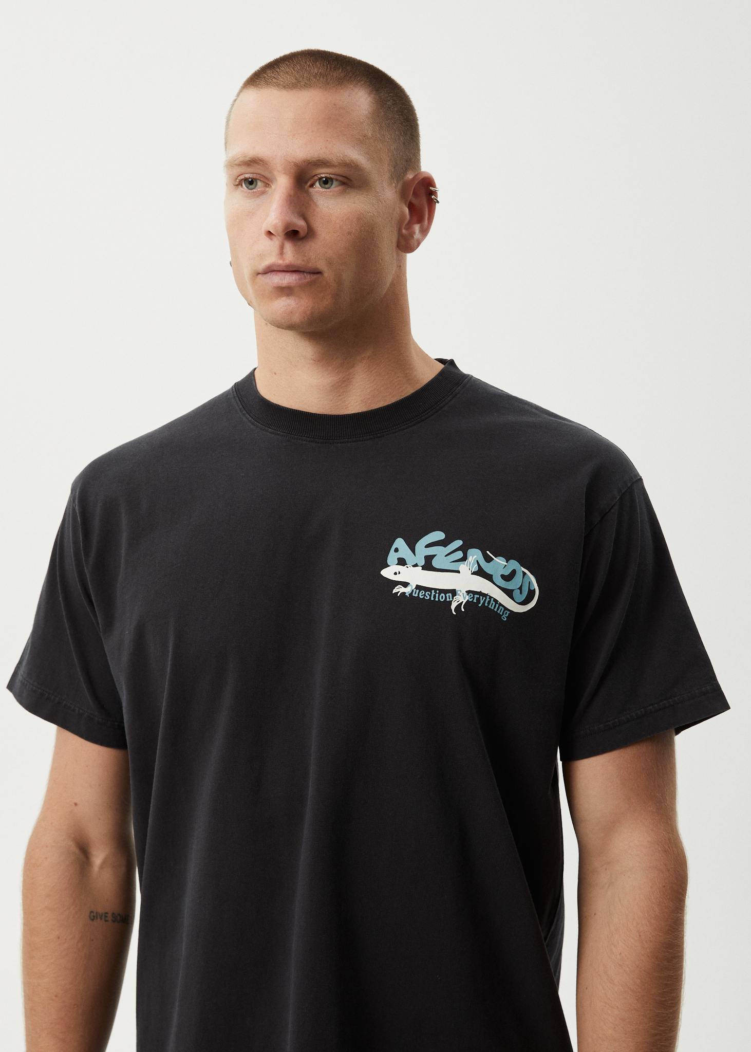 AFENDS Mens Reptilian - Heavyweight Boxy Tee - Stone Black
