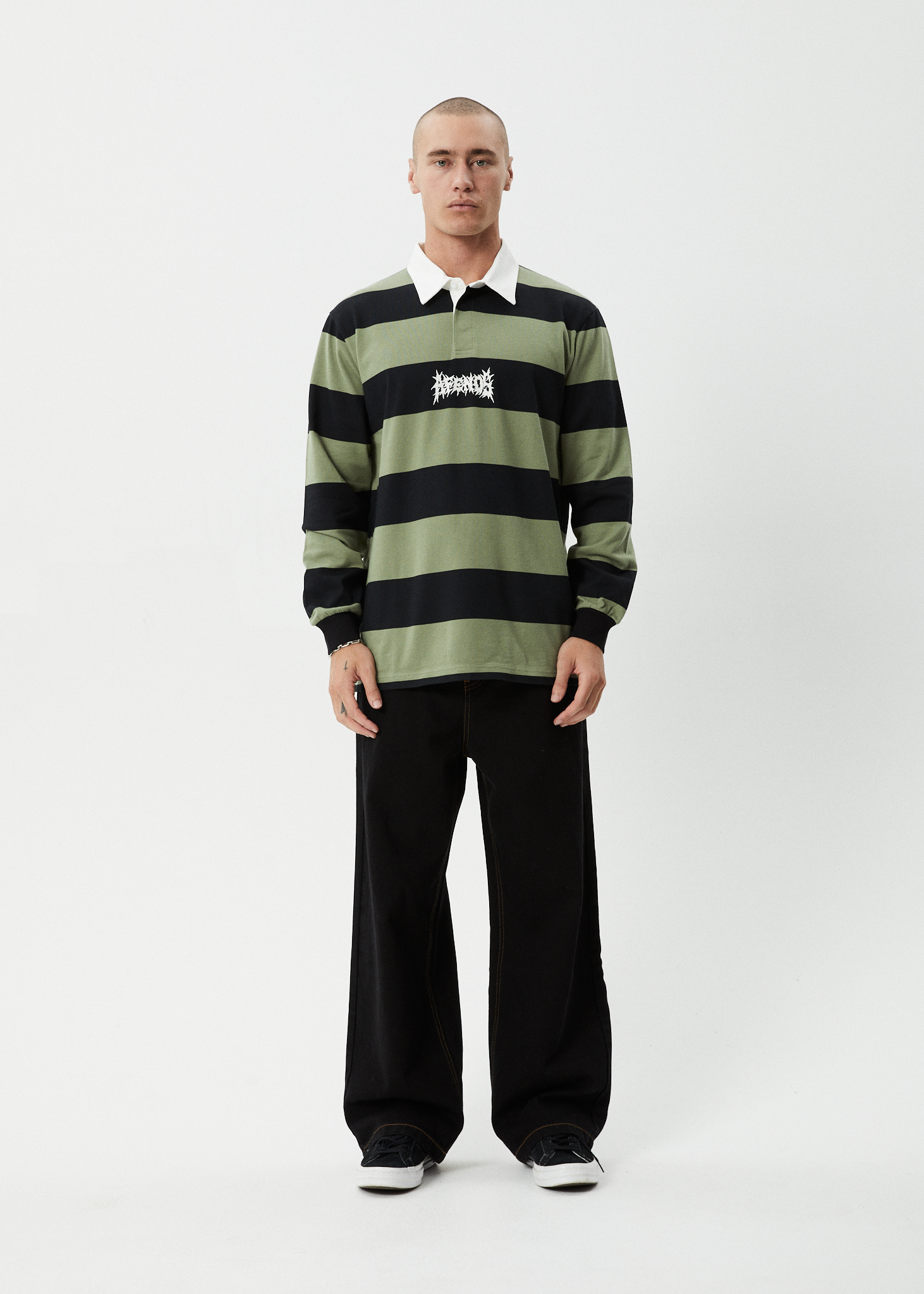 AFENDS Mens Mental - Rugby Long Sleeve Tee - Oil Green