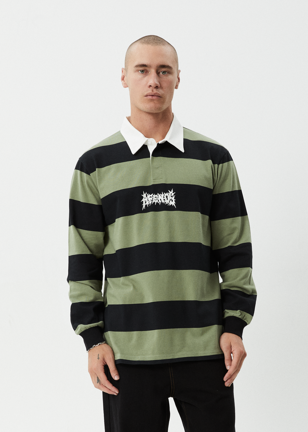 AFENDS Mens Mental - Rugby Long Sleeve Tee - Oil Green
