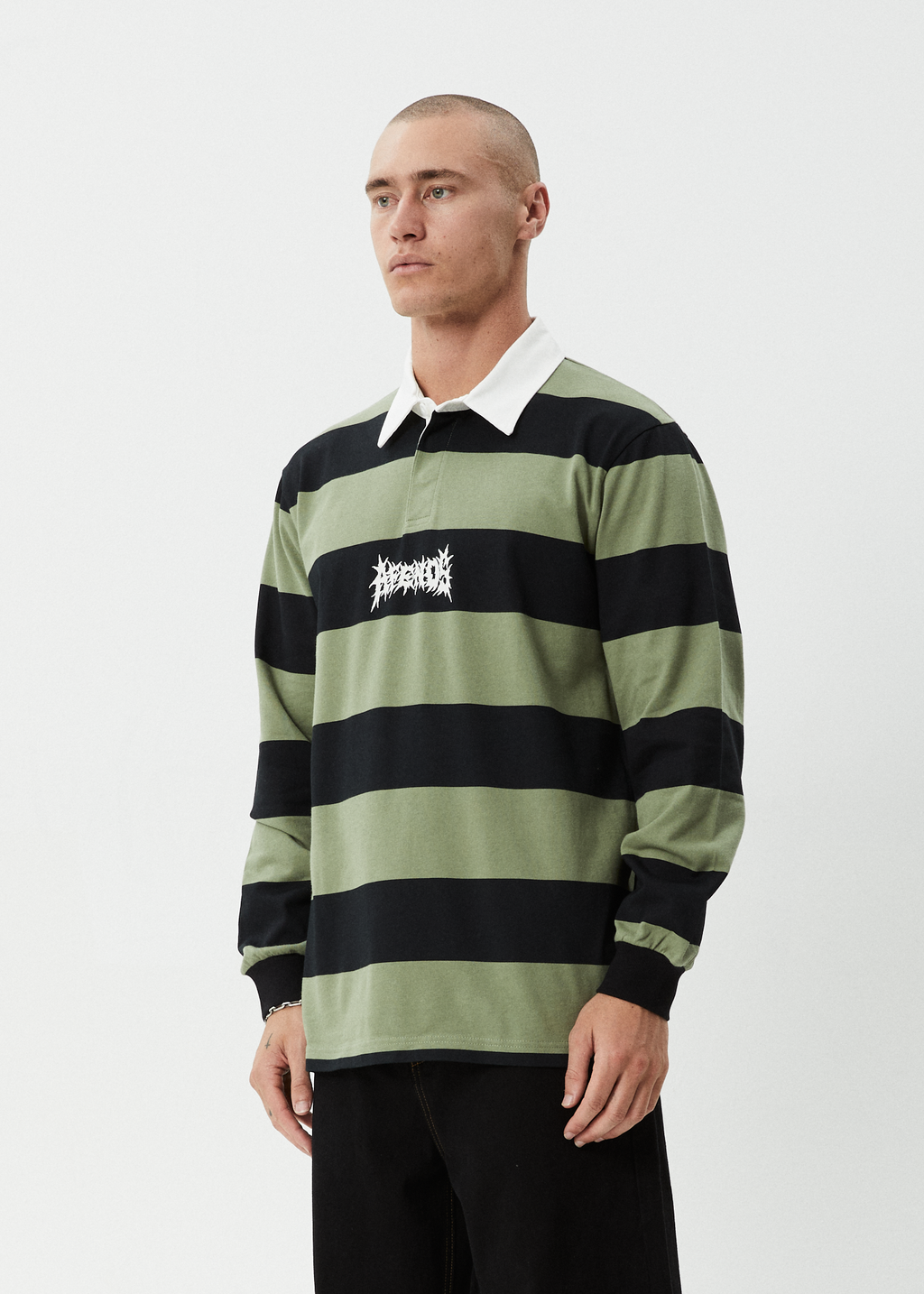 AFENDS Mens Mental - Rugby Long Sleeve Tee - Oil Green