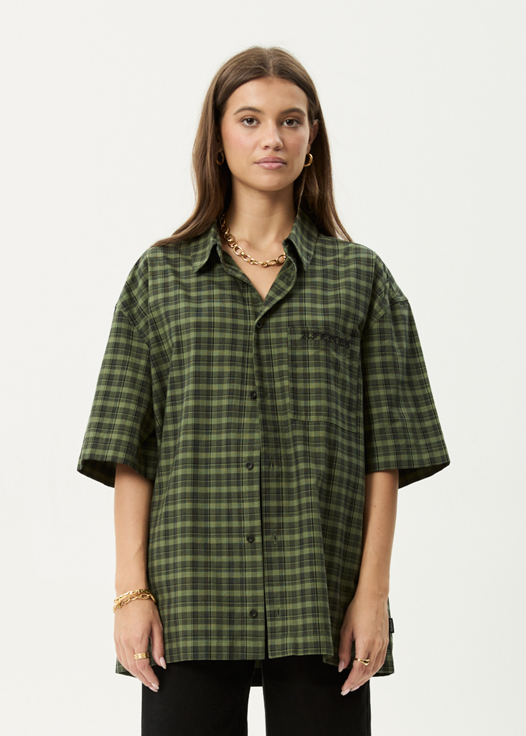 AFENDS Mens Ghost - Short Sleeve Shirt - Oil Green