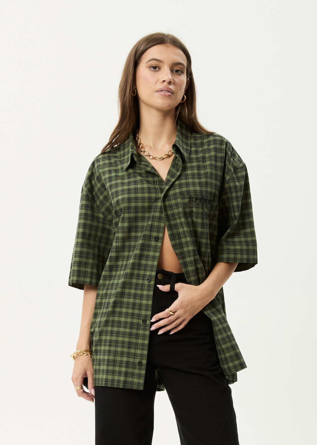 AFENDS Mens Ghost - Short Sleeve Shirt - Oil Green