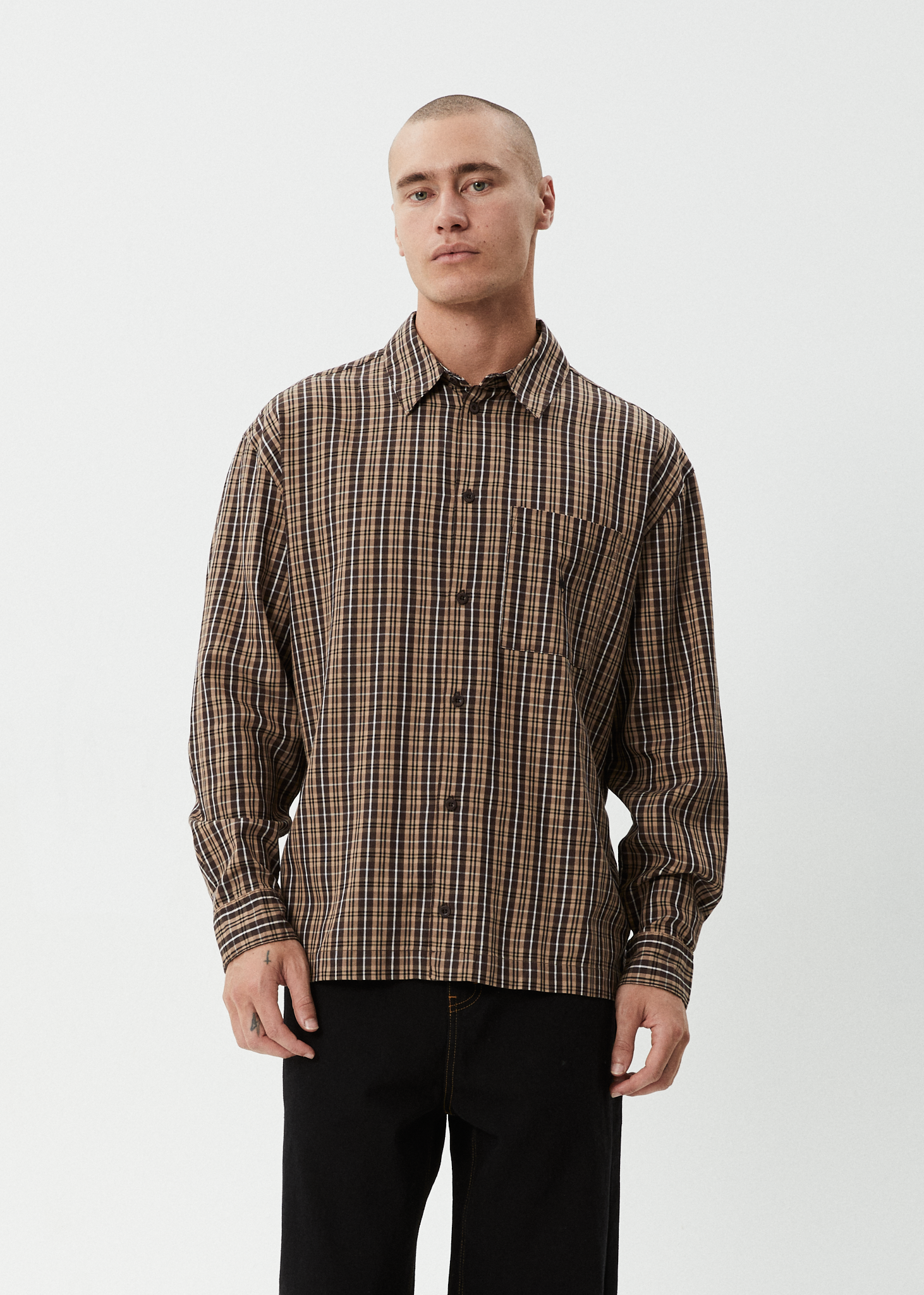 AFENDS Mens Hometown - Long Sleeve Shirt - Coffee