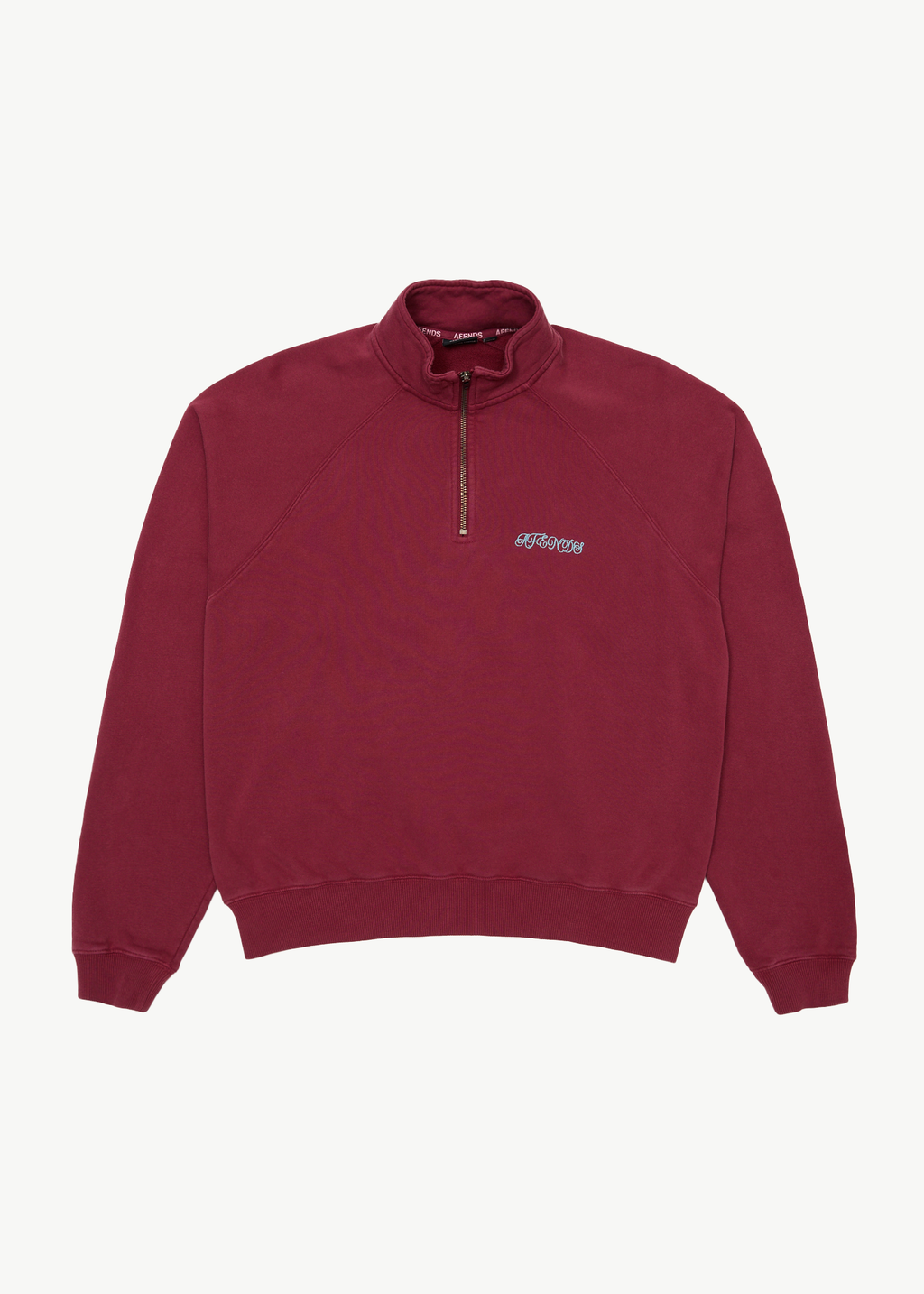AFENDS Mens Quartz Zip - Raglan Quarter Zip Crew - Washed Burgundy