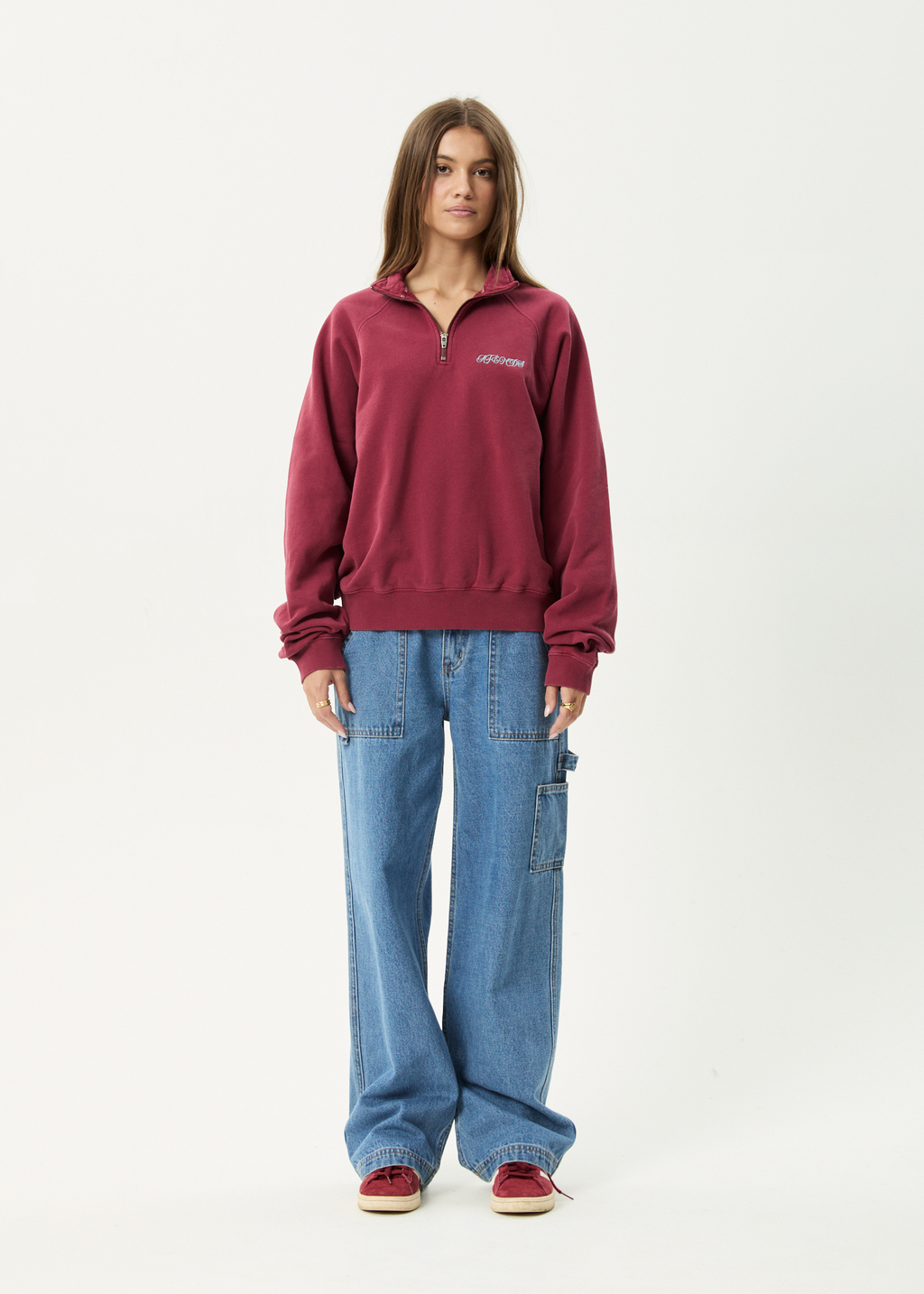 AFENDS Mens Quartz Zip - Raglan Quarter Zip Crew - Washed Burgundy