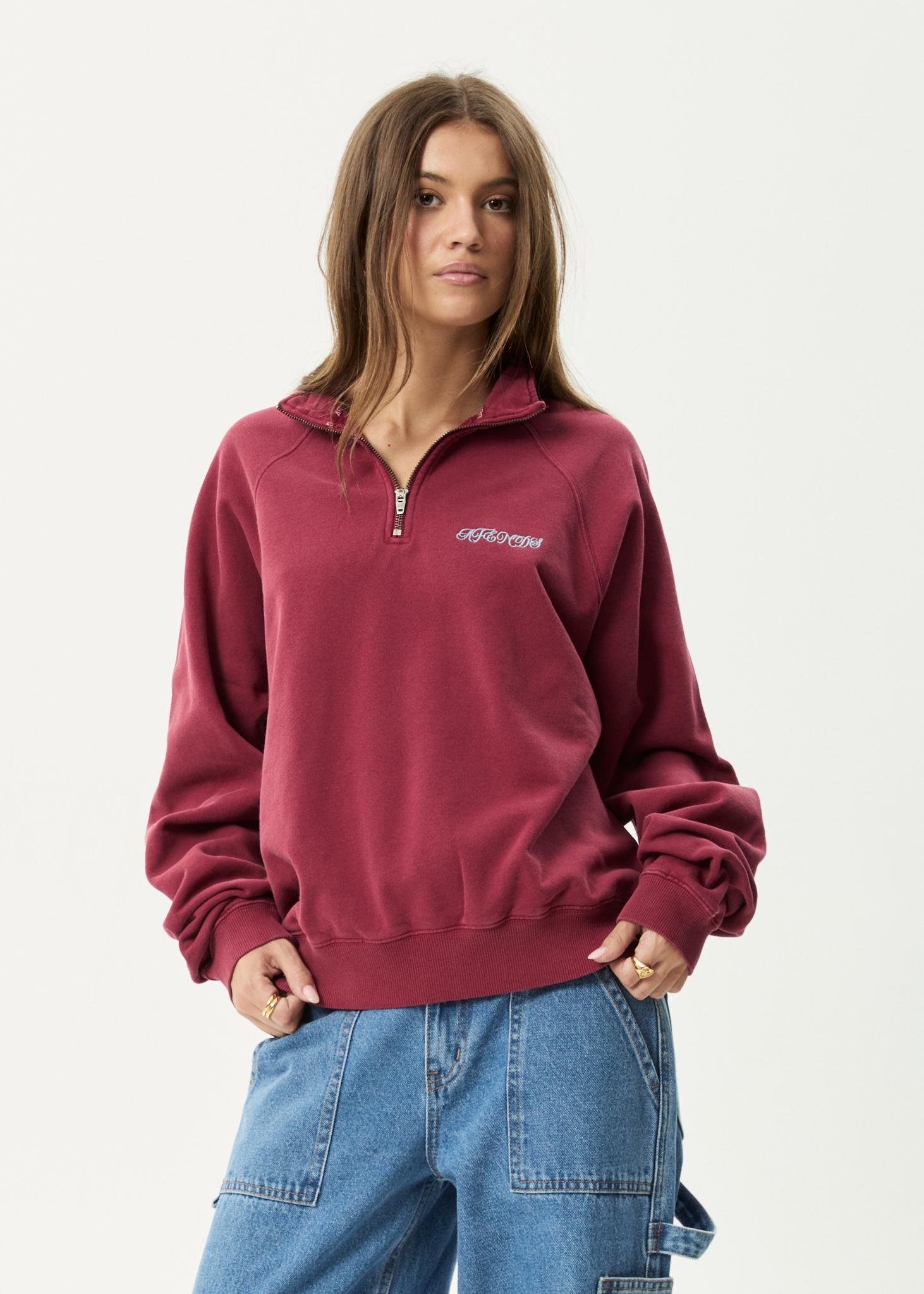 AFENDS Mens Quartz Zip - Raglan Quarter Zip Crew - Washed Burgundy