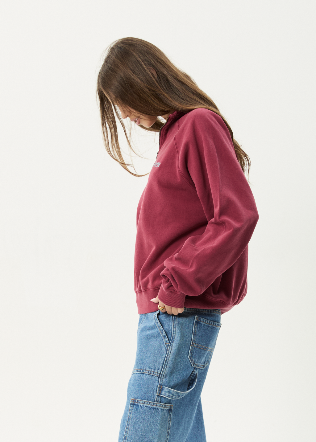 AFENDS Mens Quartz Zip - Raglan Quarter Zip Crew - Washed Burgundy