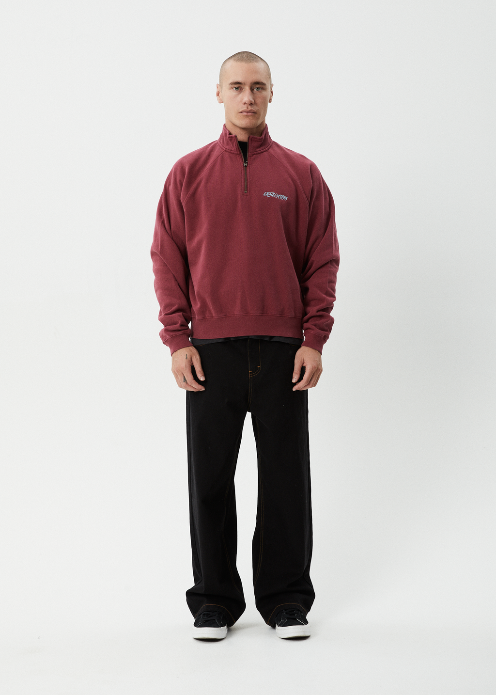 AFENDS Mens Quartz Zip - Raglan Quarter Zip Crew - Washed Burgundy