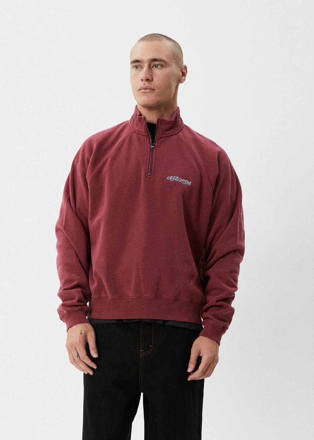 AFENDS Mens Quartz Zip - Raglan Quarter Zip Crew - Washed Burgundy