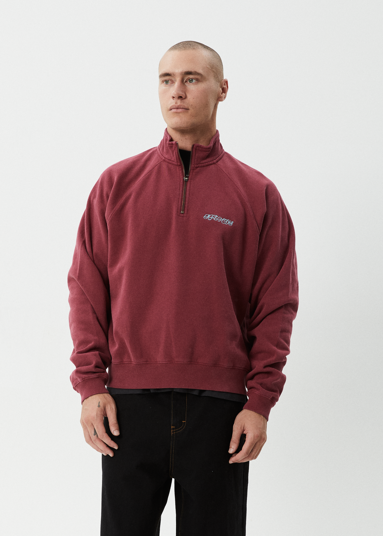 AFENDS Mens Quartz Zip - Raglan Quarter Zip Crew - Washed Burgundy