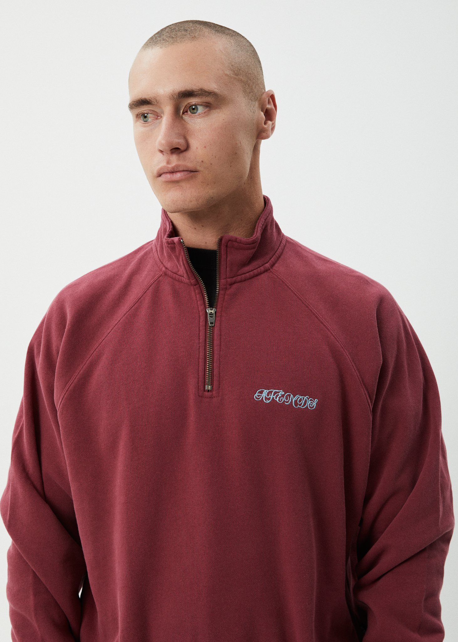 AFENDS Mens Quartz Zip - Raglan Quarter Zip Crew - Washed Burgundy