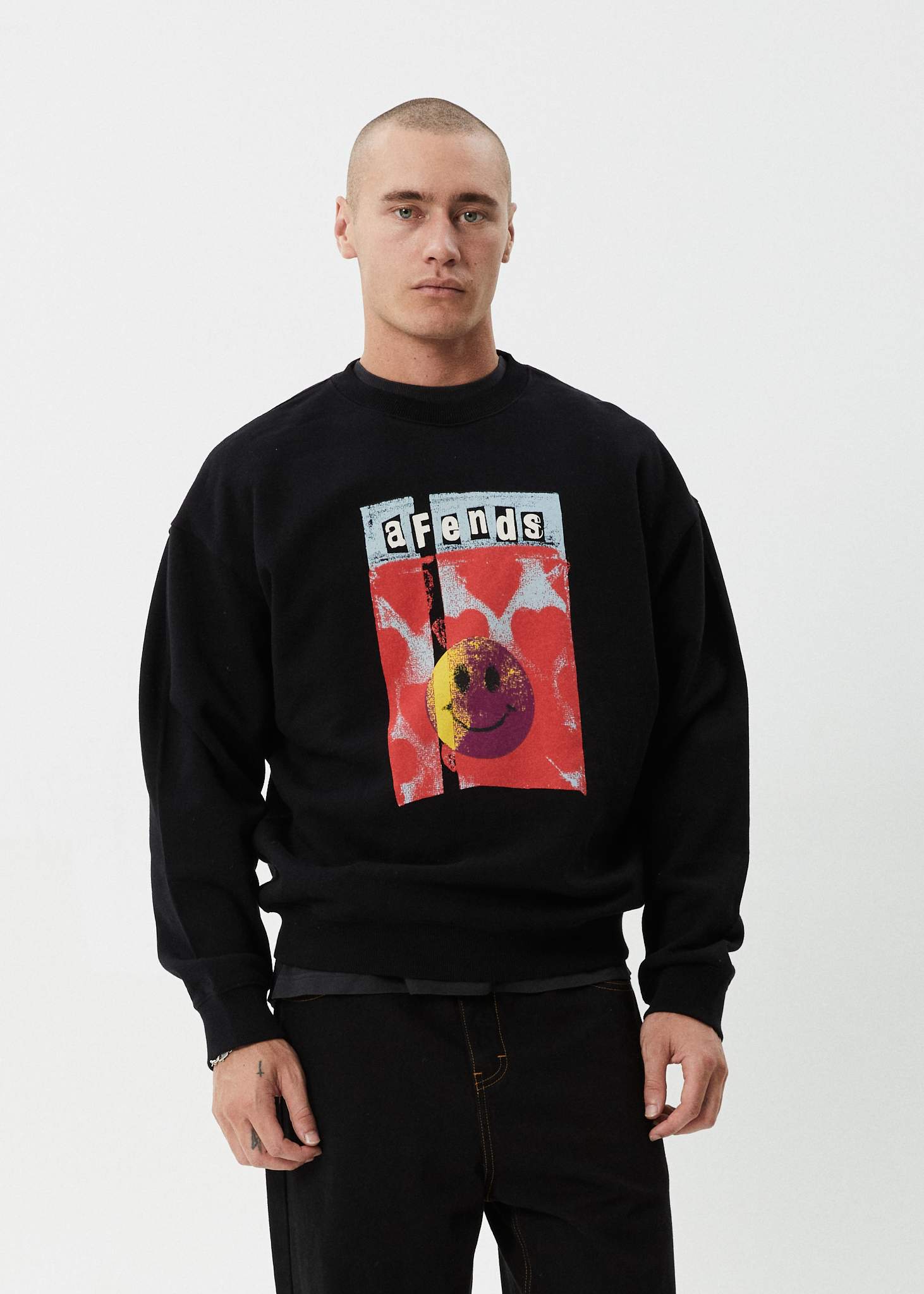 AFENDS Mens Dime Bag - Crew Neck Jumper - Black
