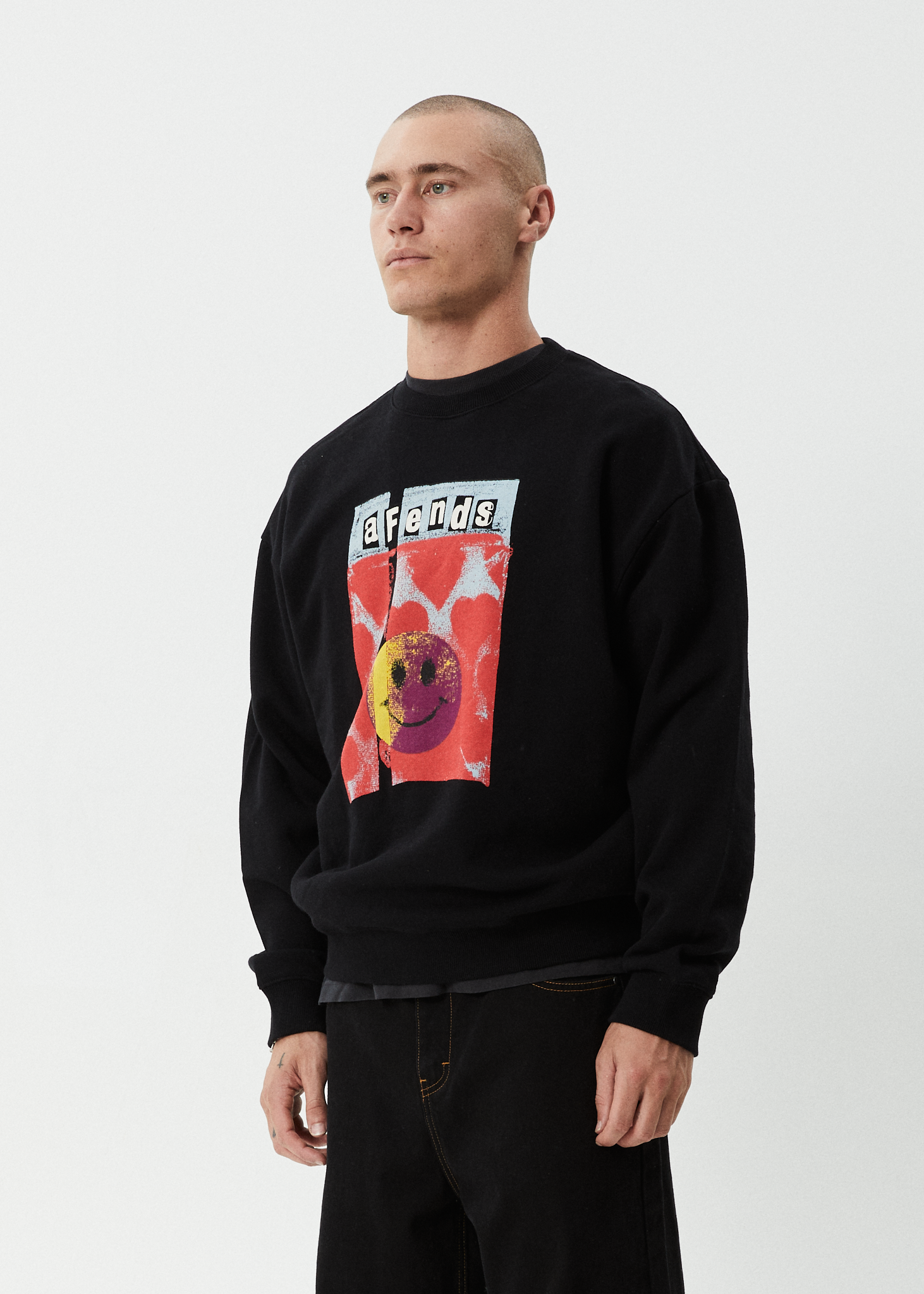 AFENDS Mens Dime Bag - Crew Neck Jumper - Black