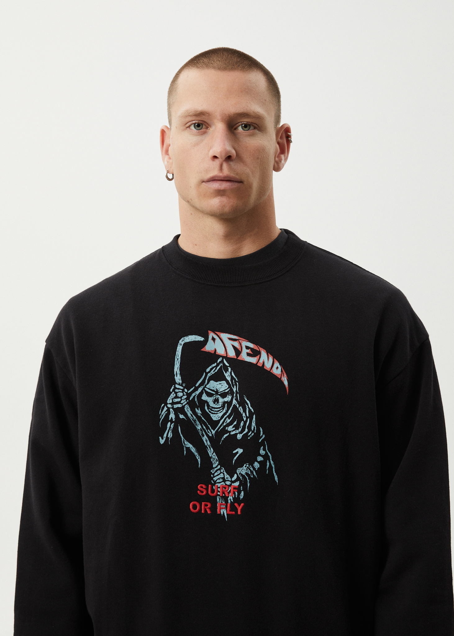 AFENDS Mens Surf Or Fly - Crew Neck Jumper - Black