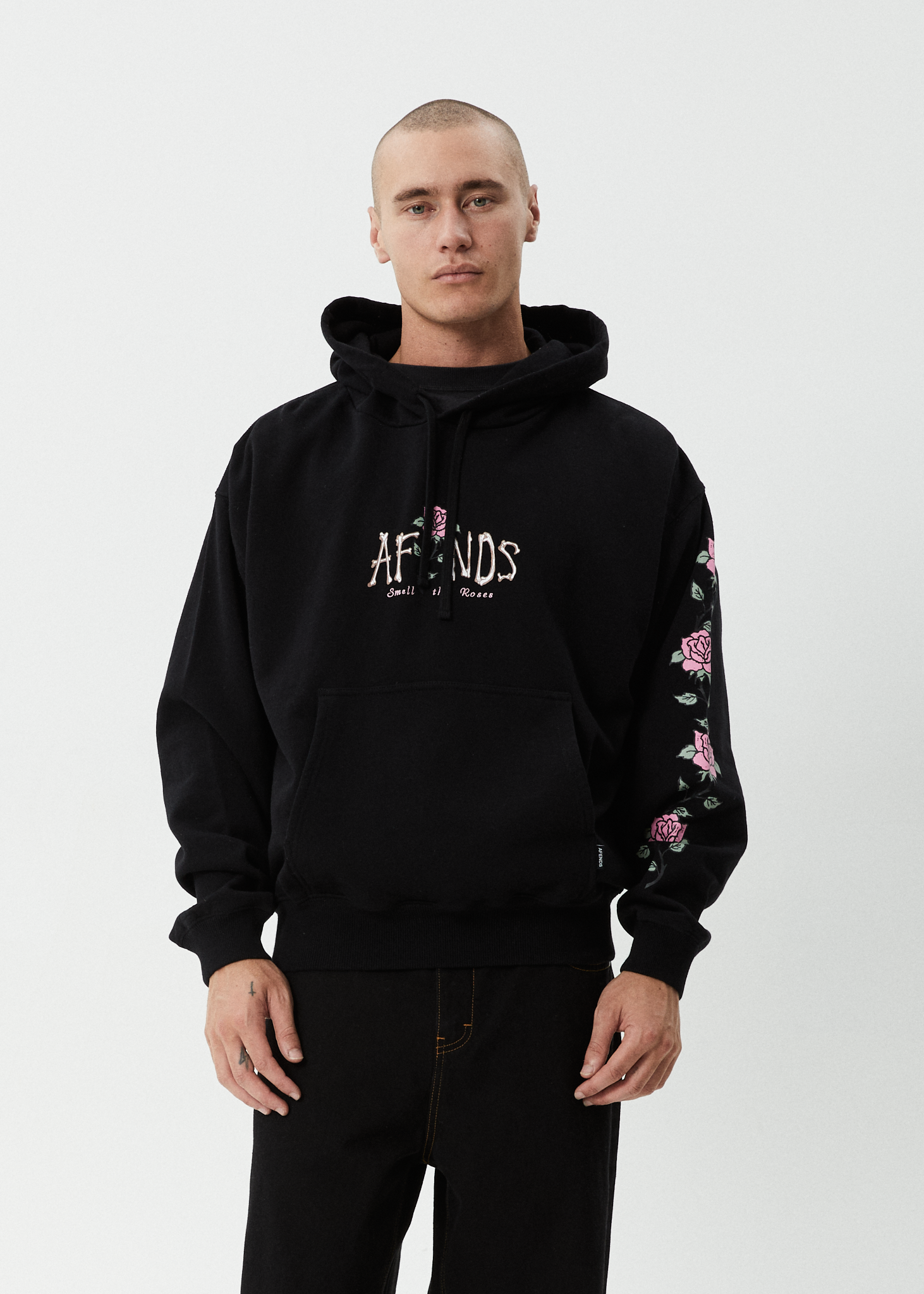 AFENDS Mens Smell The Roses - Boxy Hoodie - Black