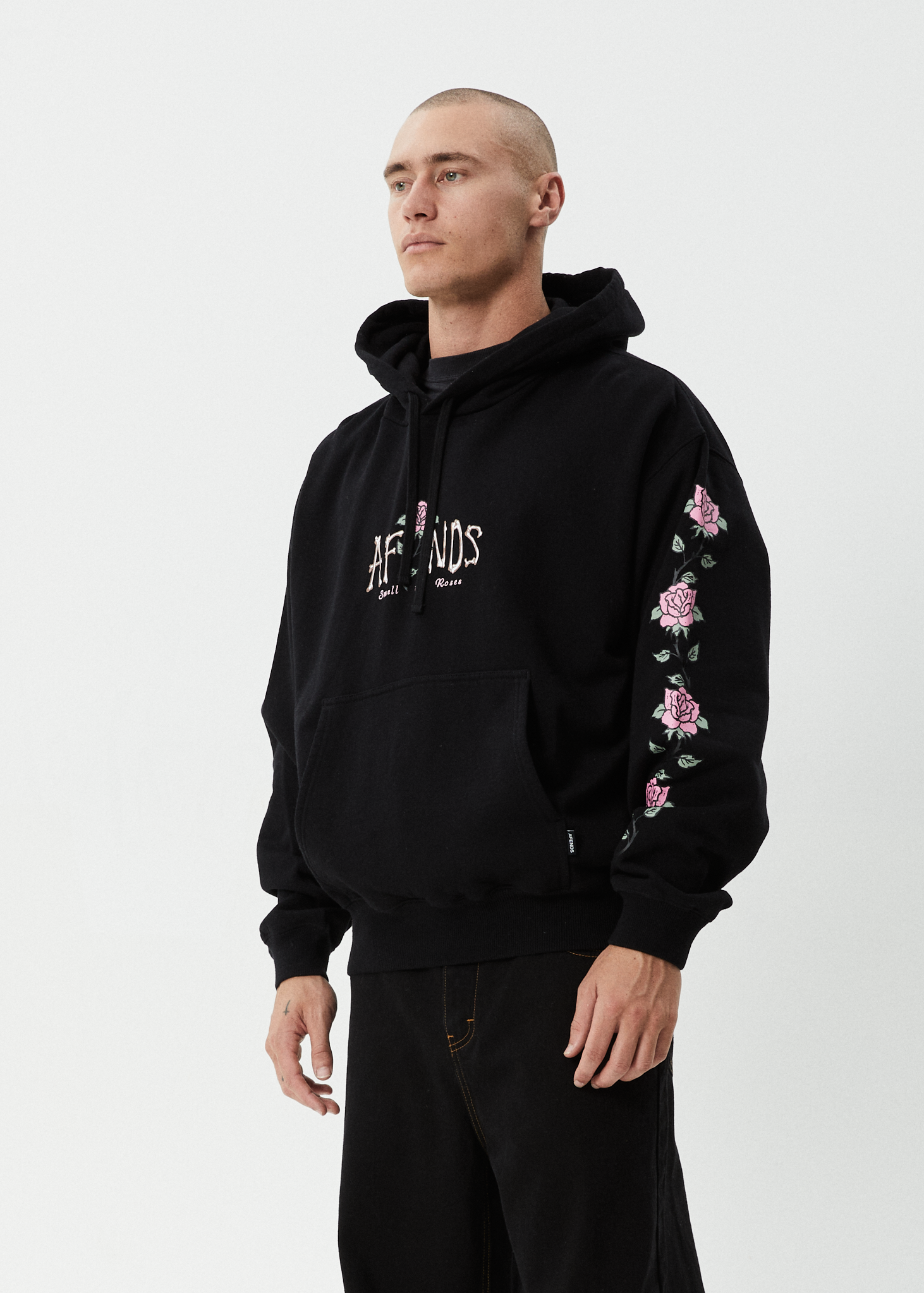 AFENDS Mens Smell The Roses - Boxy Hoodie - Black